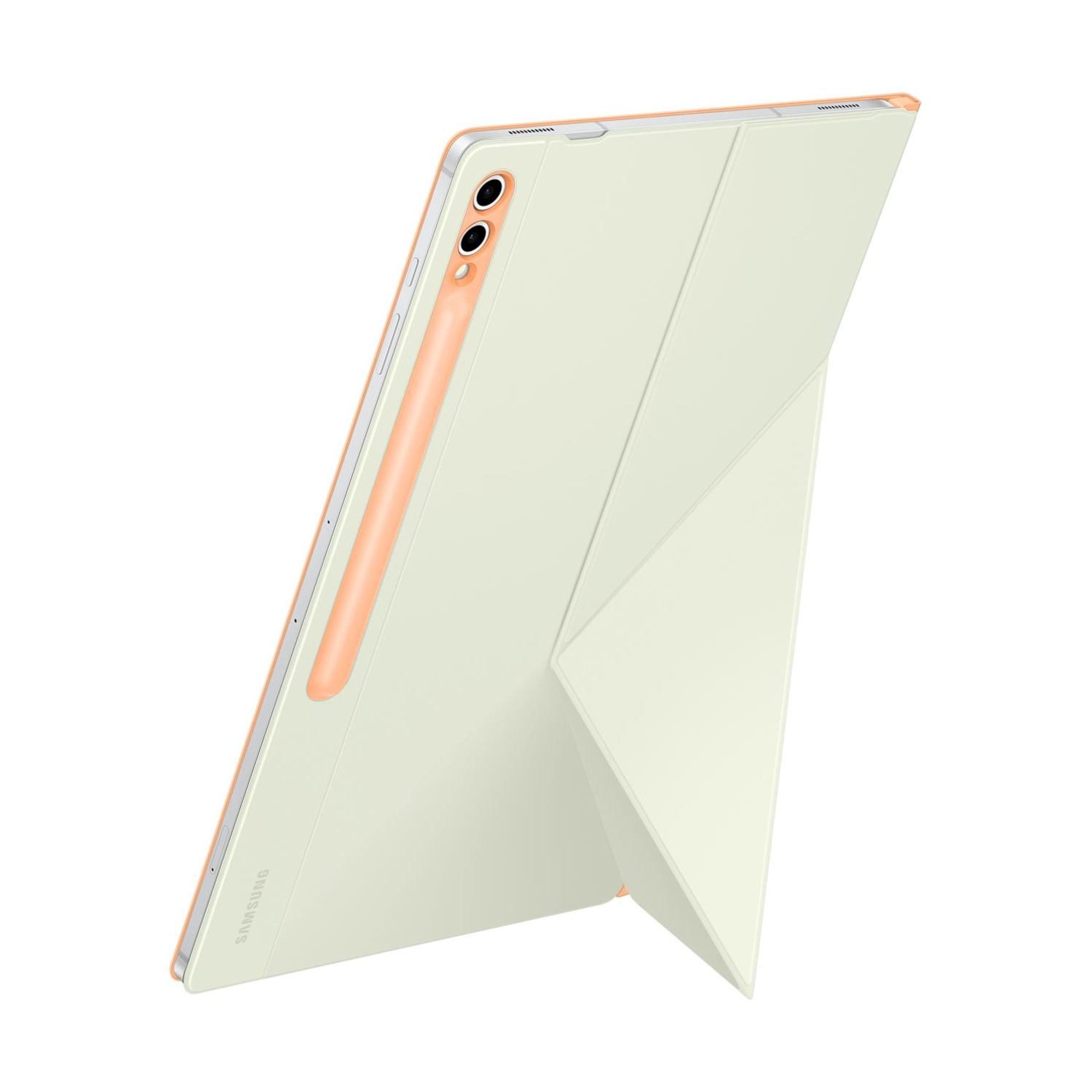 Un tablet beige con stilo e custodia che funge da supporto.