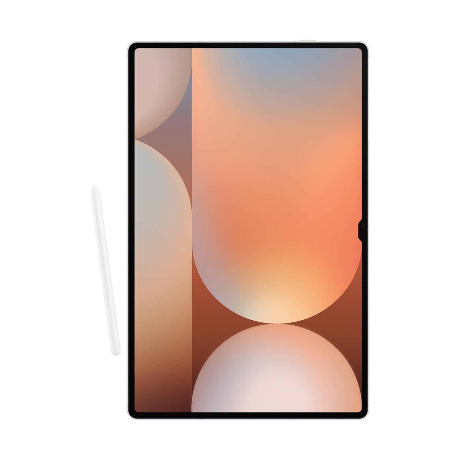 Uno stilo bianco accanto a un tablet con sfondo astratto sfumato.