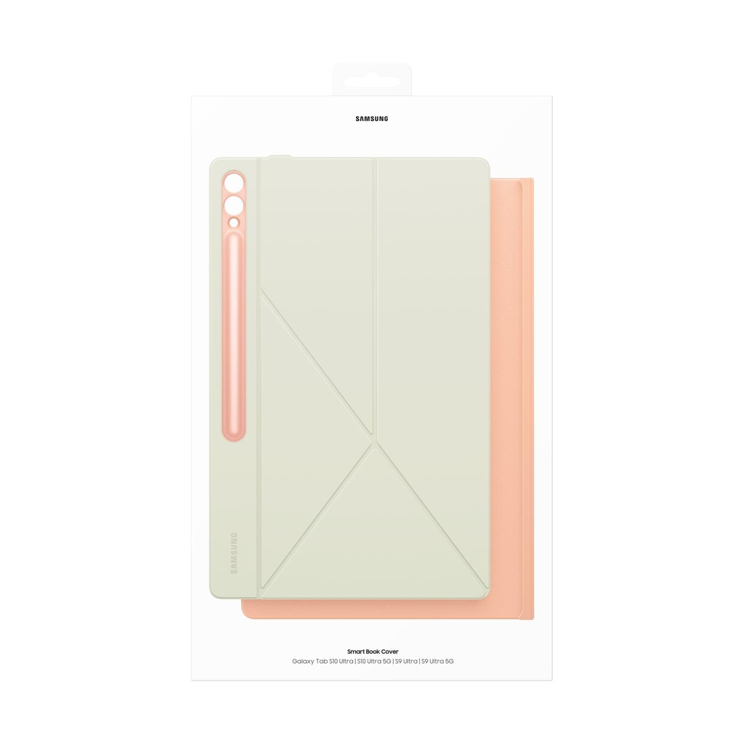 Una custodia per tablet Samsung verde chiaro con portapenne color oro rosa accanto.