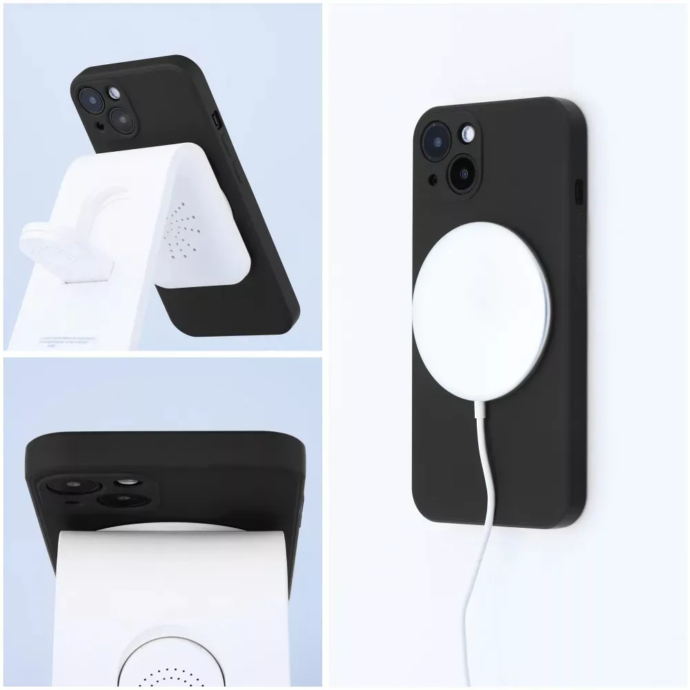Egy fekete iPhone fehér töltőre van szerelve. Oldalról is látható.