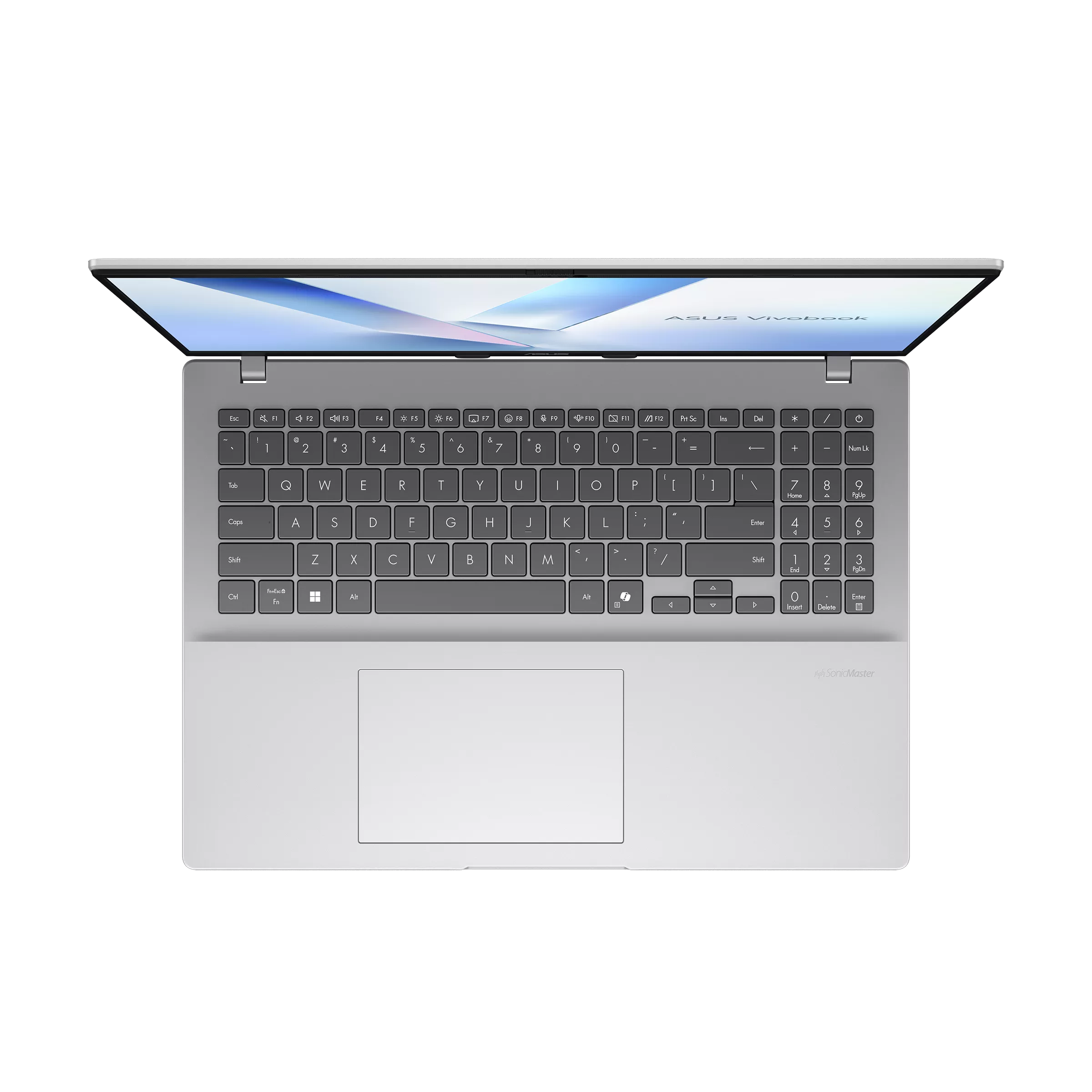Gümüş rengi ASUS Vivobook dizüstü bilgisayar, kapağı açık, yukarıdan görünüm.