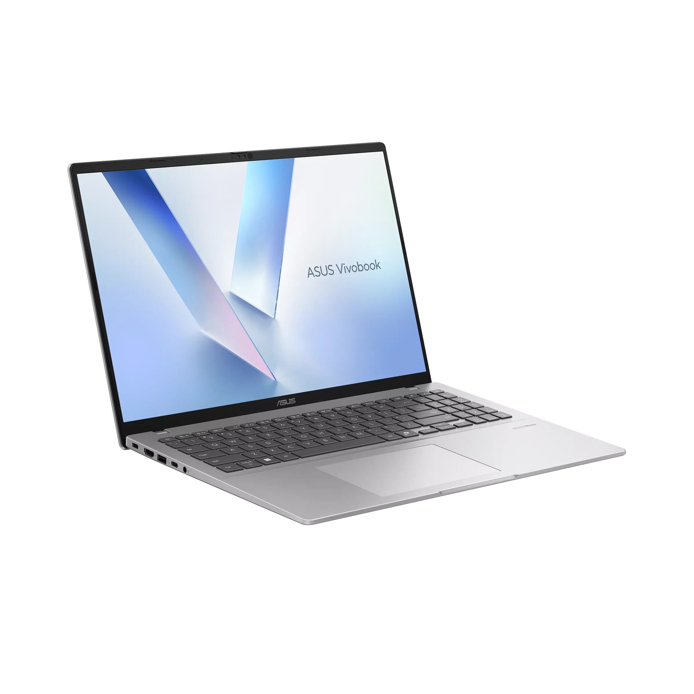 Gümüş renkli Asus Vivobook dizüstü bilgisayar siyah arka planda açık.