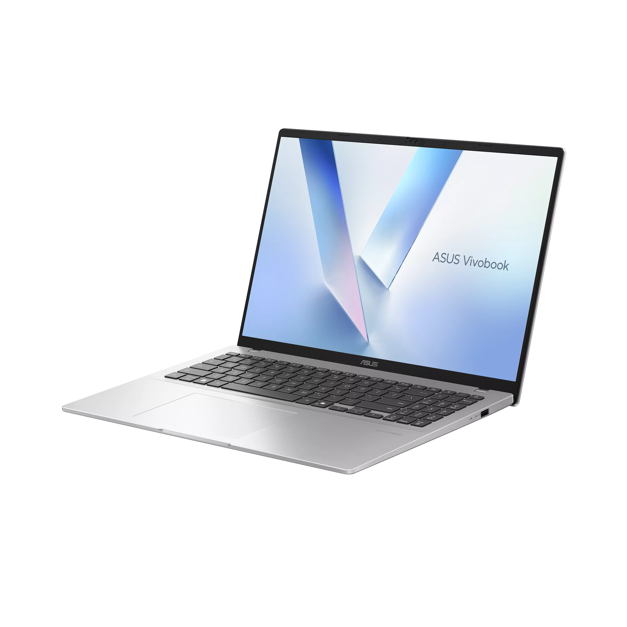 Gümüş renkli Asus Vivobook dizüstü bilgisayar siyah arka planda.