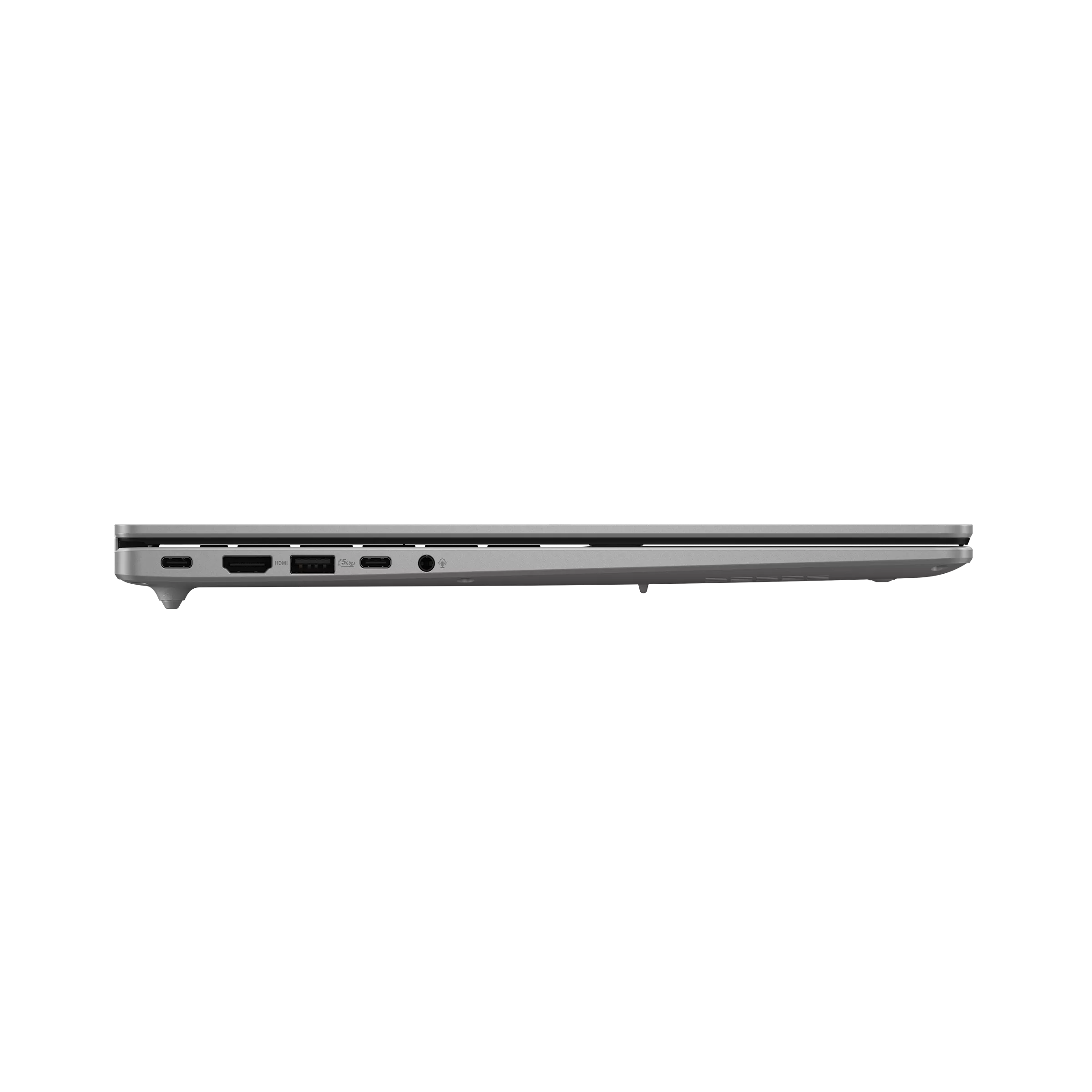 USB-C ve HDMI gibi bağlantı noktalarını gösteren ince, gümüş rengi bir dizüstü bilgisayarın yan görünümü.