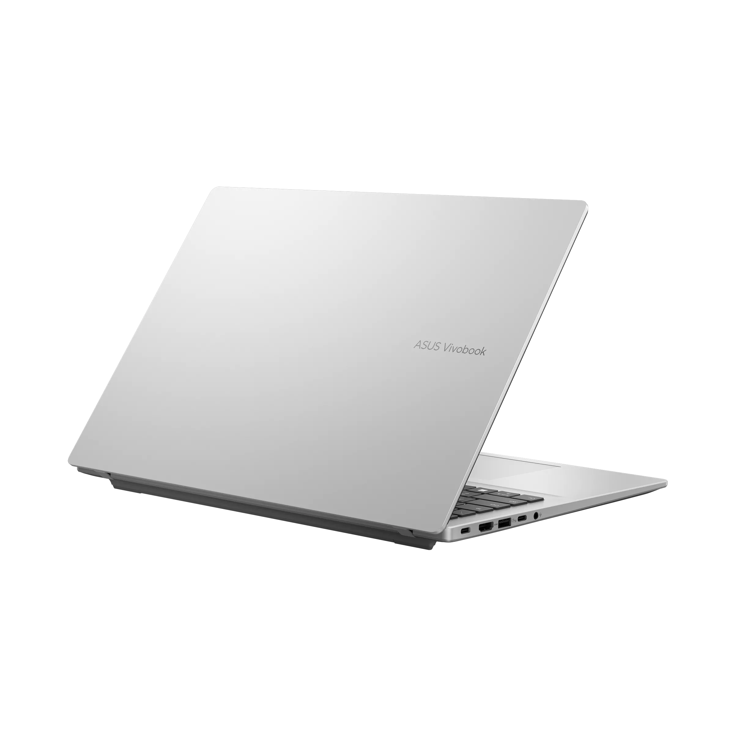 Gümüş renkli Asus Vivobook dizüstü bilgisayar açık, klavyesi ve bağlantı noktaları görünüyor.