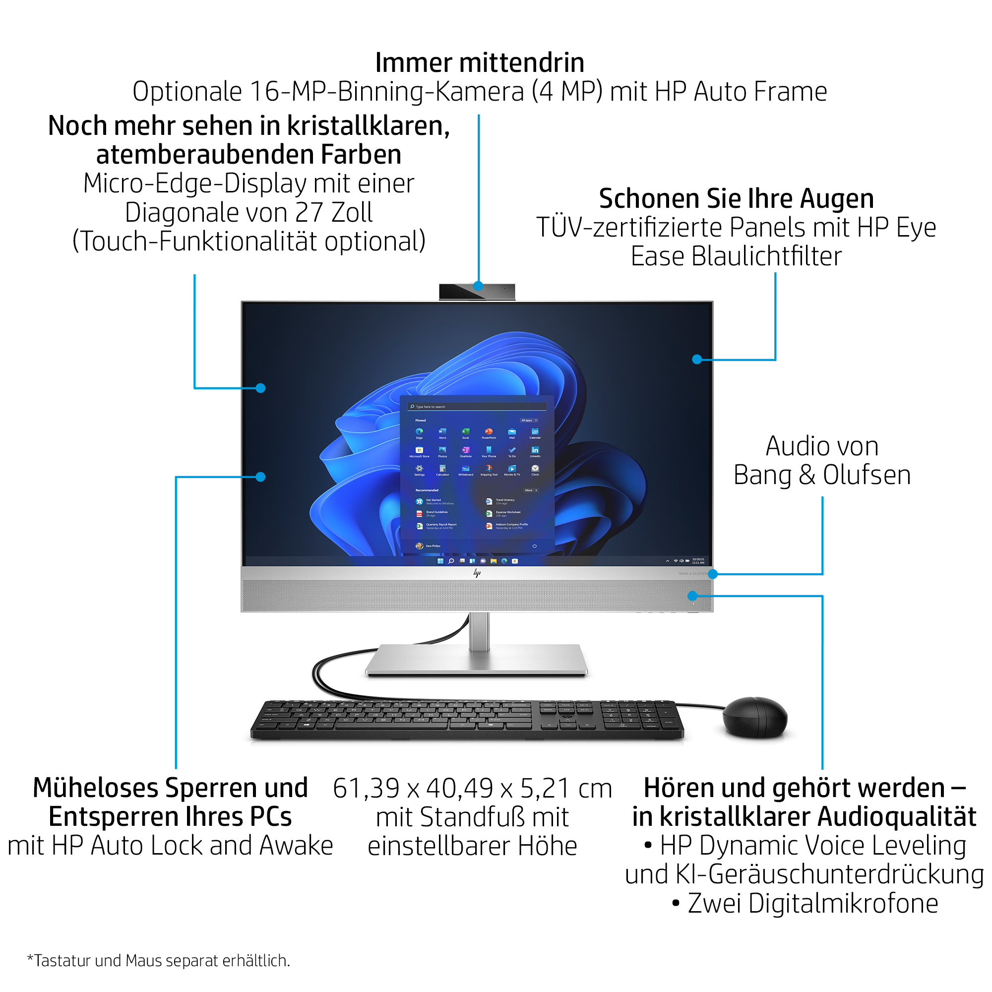 HP All-in-One PC mit 27-Zoll-Display, Tastatur und Maus. Mit Kamera und Audio-Features.