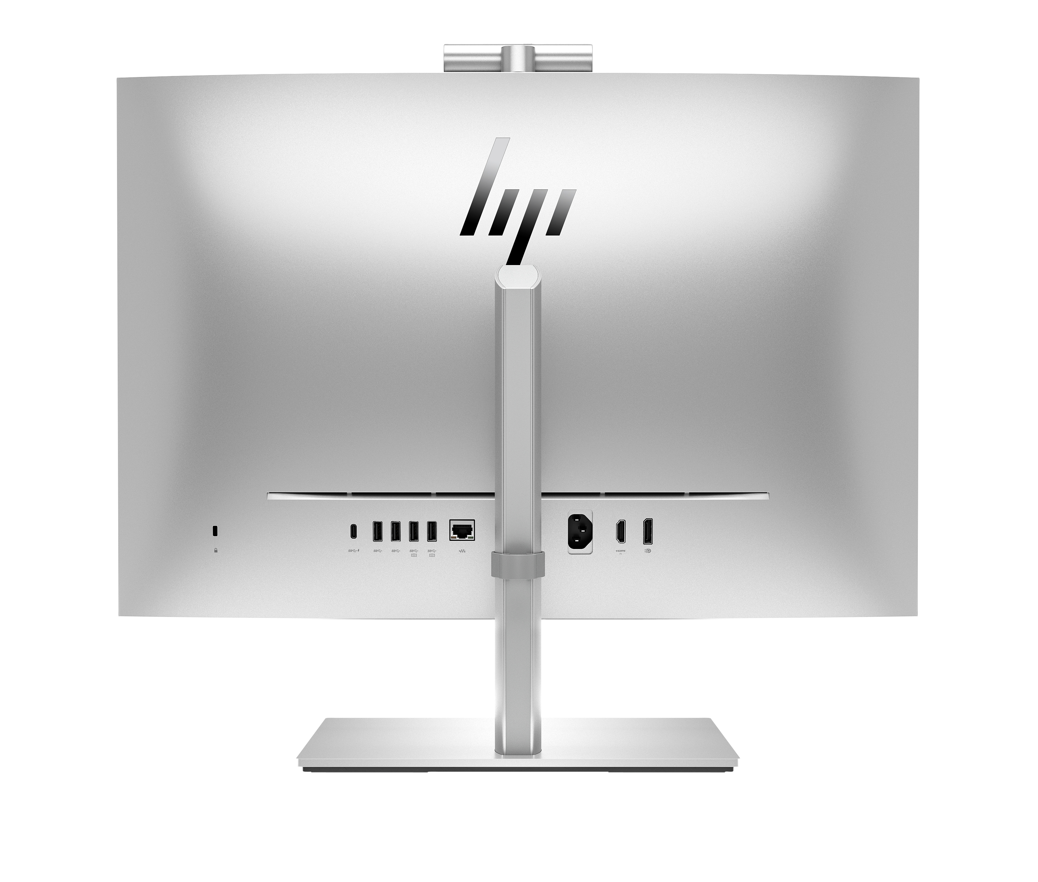 Rückseite eines silbernen HP-Monitors mit Anschlüssen und Logo.
