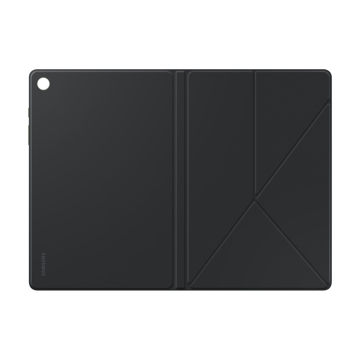 Supporto nero per tablet con logo Samsung, aperto e piatto.