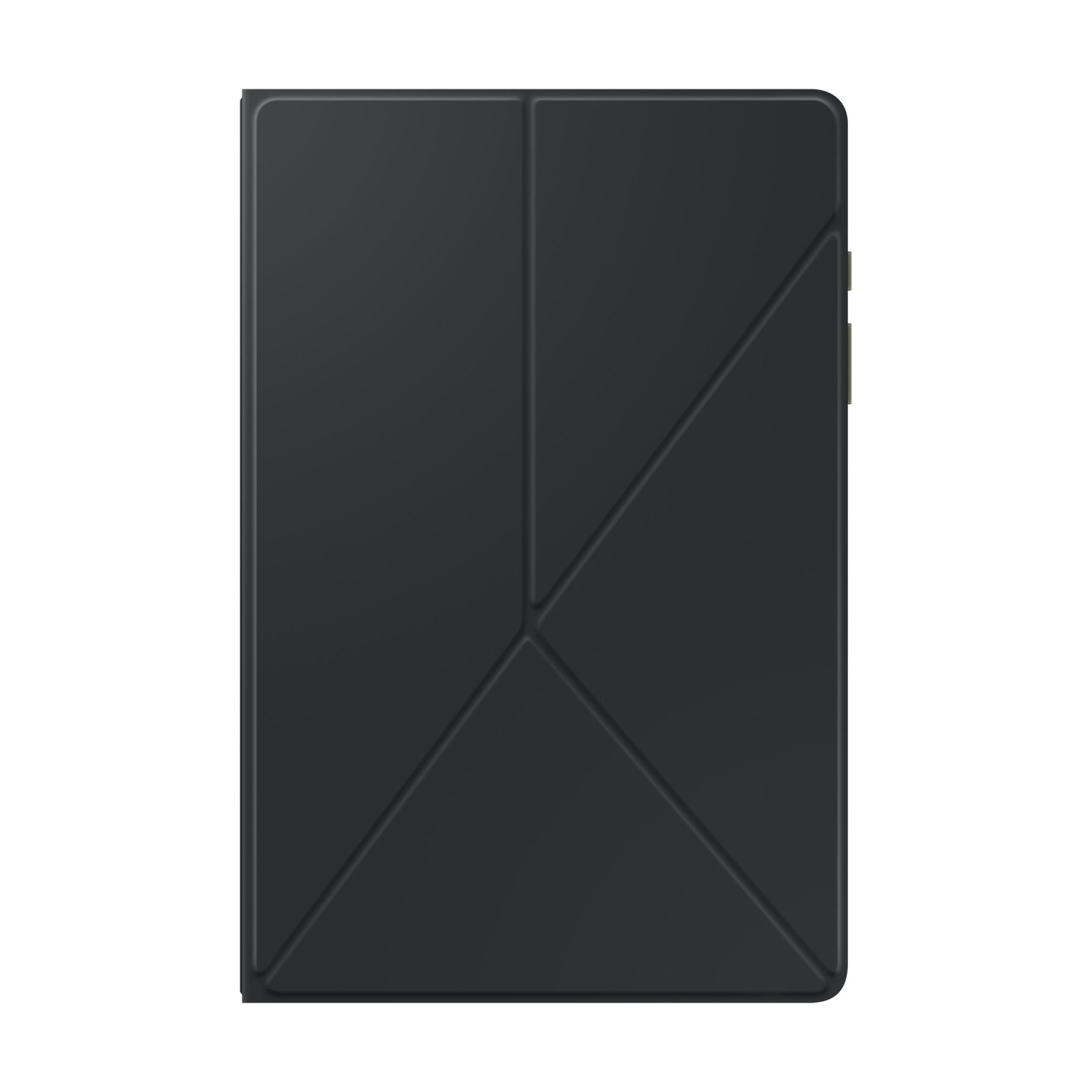 Custodia nera per tablet con design pieghevole, su sfondo bianco.