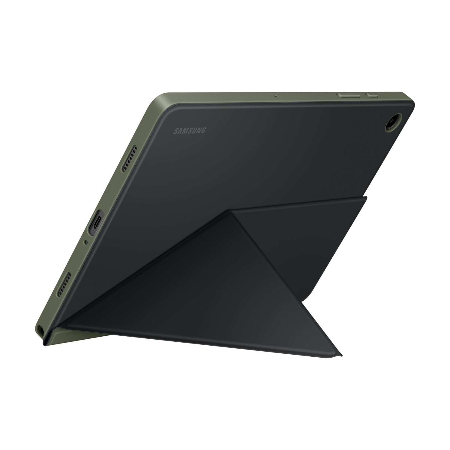Tablet Samsung verde scuro con cover nera in modalità stand.