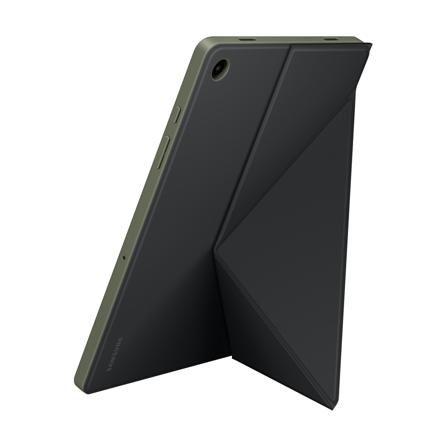 Un tablet scuro con custodia a libro che funge da supporto, su bianco.