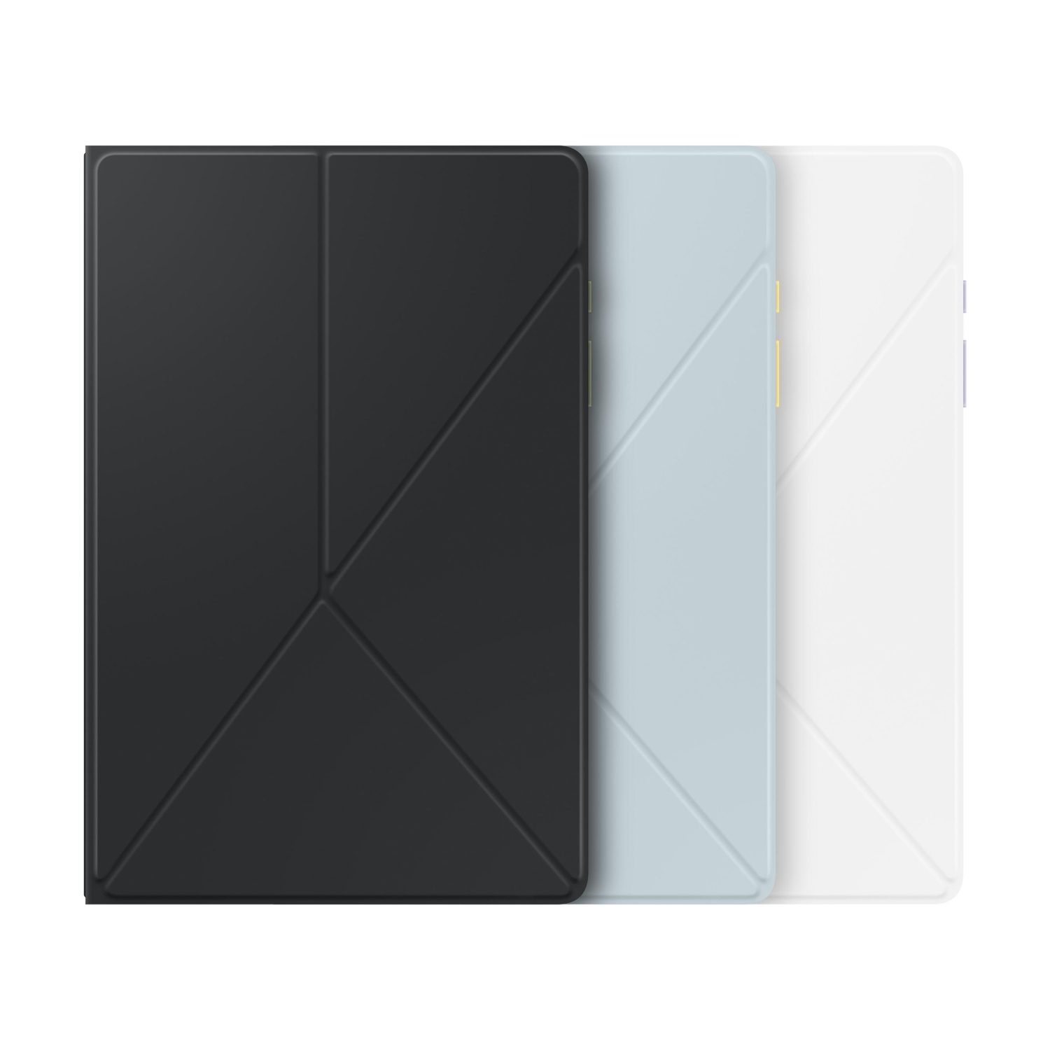 Tre custodie per tablet: nera, azzurra e bianca, una accanto all'altra.