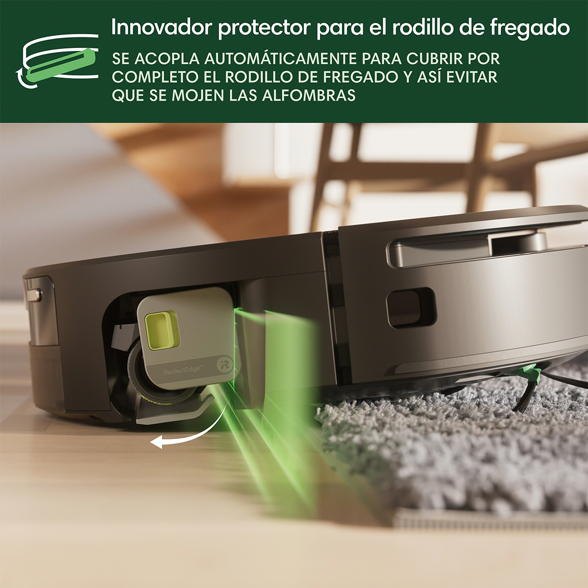 Innovador protector para el rodillo de fregado. Se acopla automáticamente para cubrir por completo el rodillo de fregado y así evitar que se mojen las alfombras