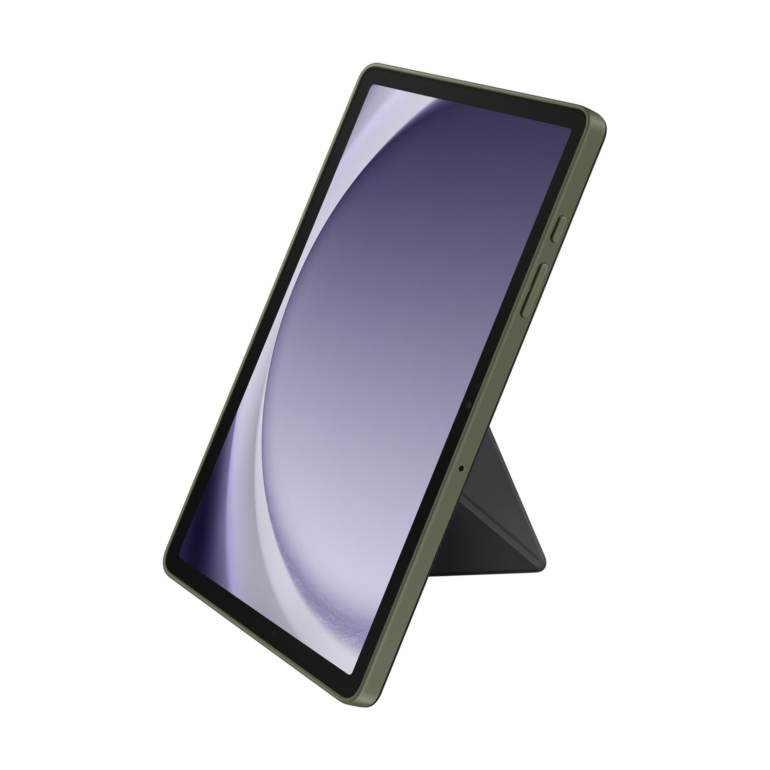 Un tablet verde in custodia grigio scuro, in piedi su un supporto.