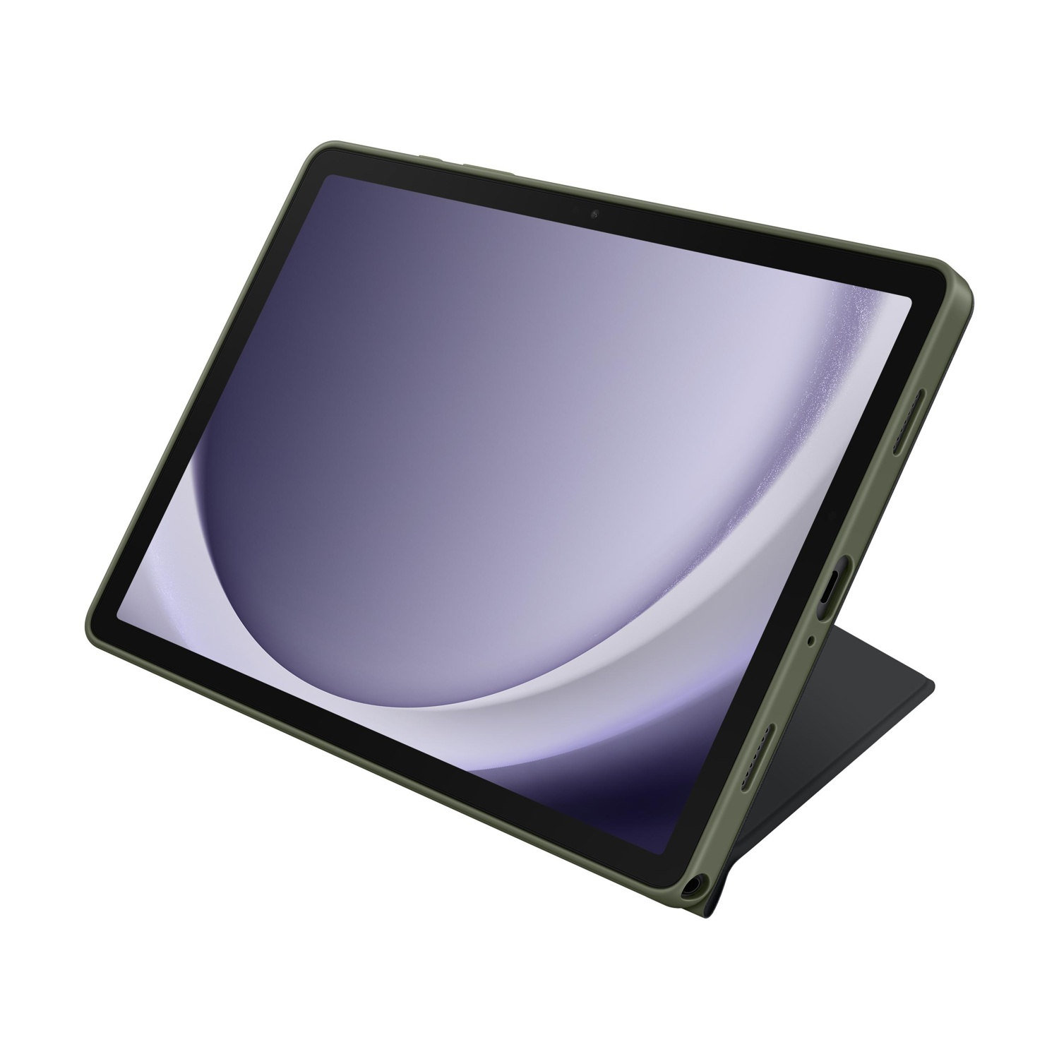 Un tablet verde con schermo scuro è mostrato su sfondo bianco.