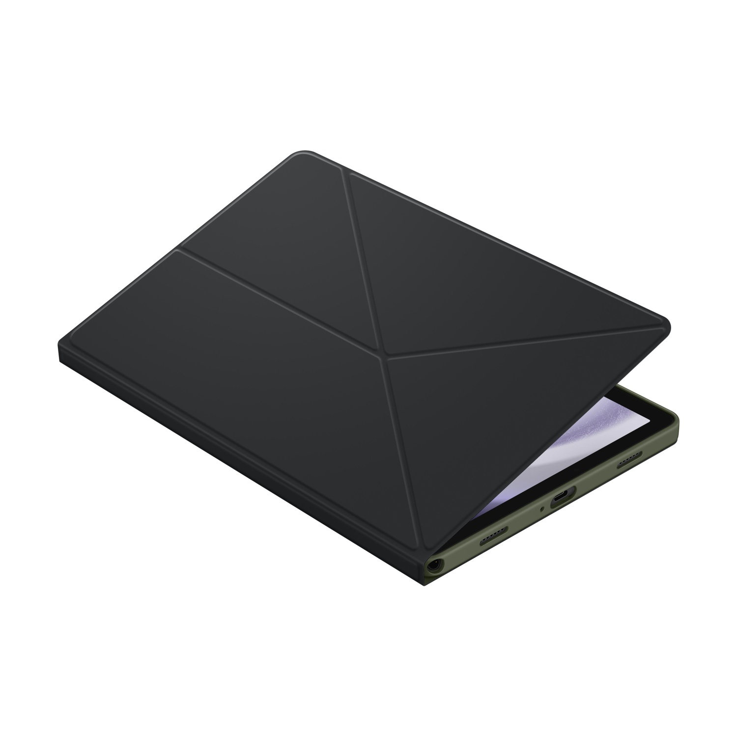 Un supporto per tablet scuro e piegato con un tablet aperto sotto.