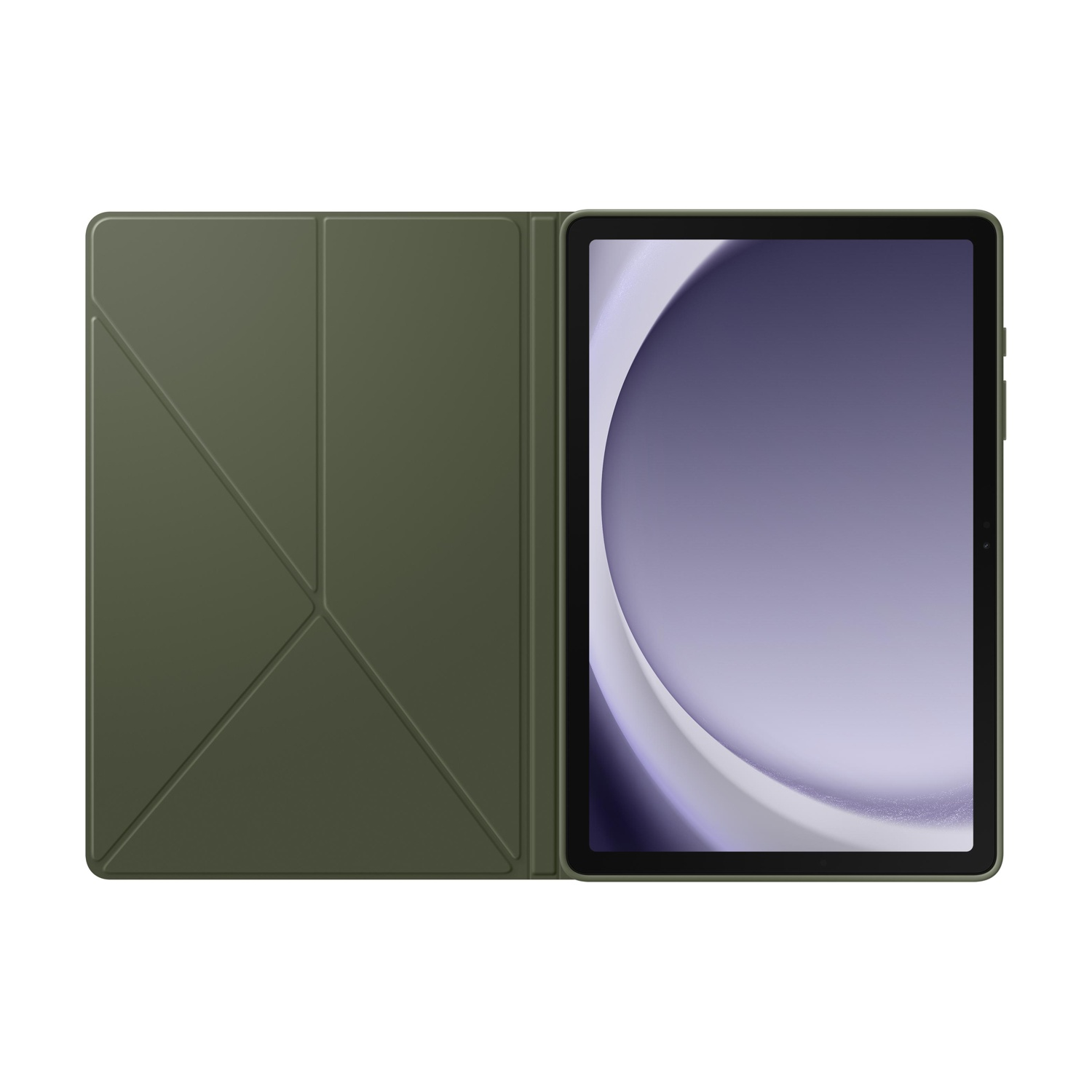 Una custodia verde per tablet è aperta, rivelando un tablet con schermo viola.