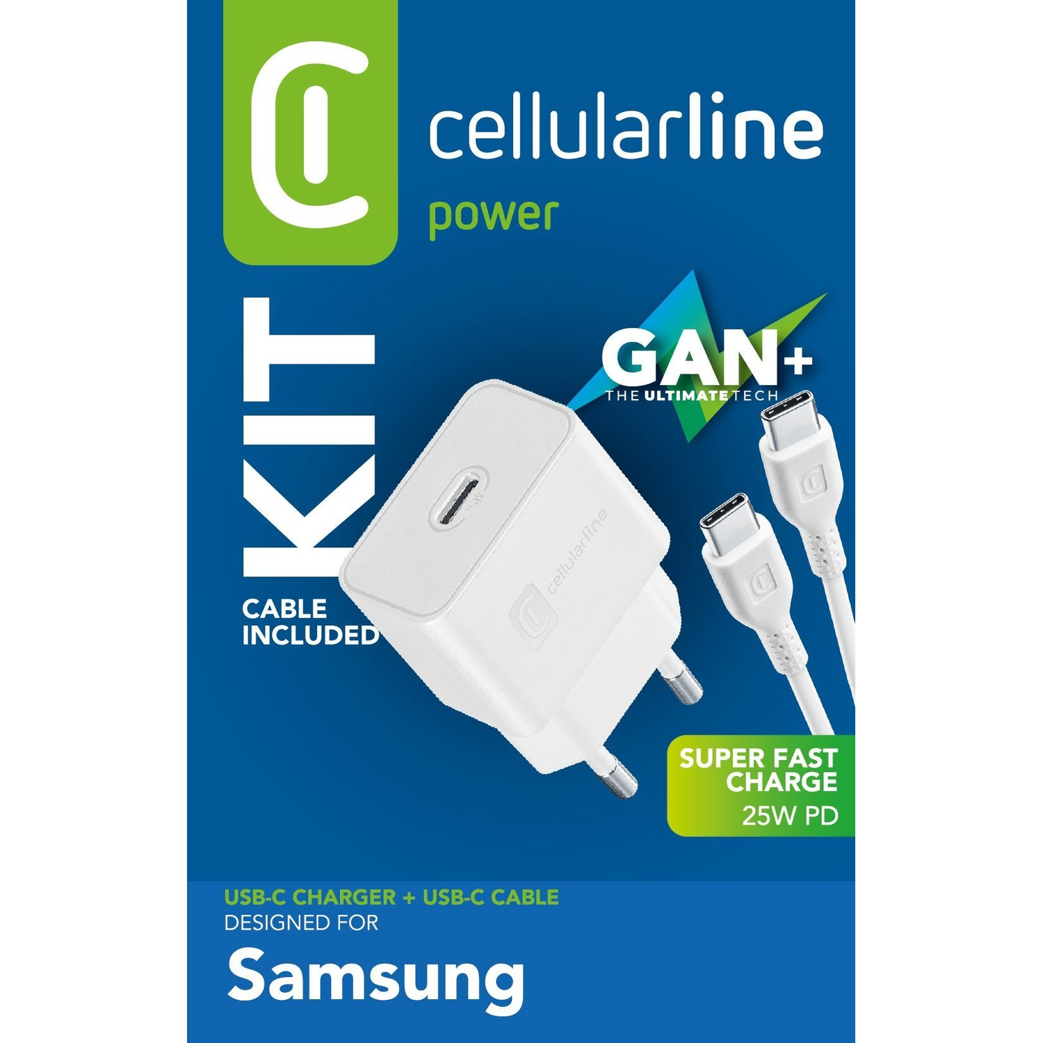 Caricatore e cavo USB-C Cellularline per Samsung, 25W PD, ricarica super veloce.