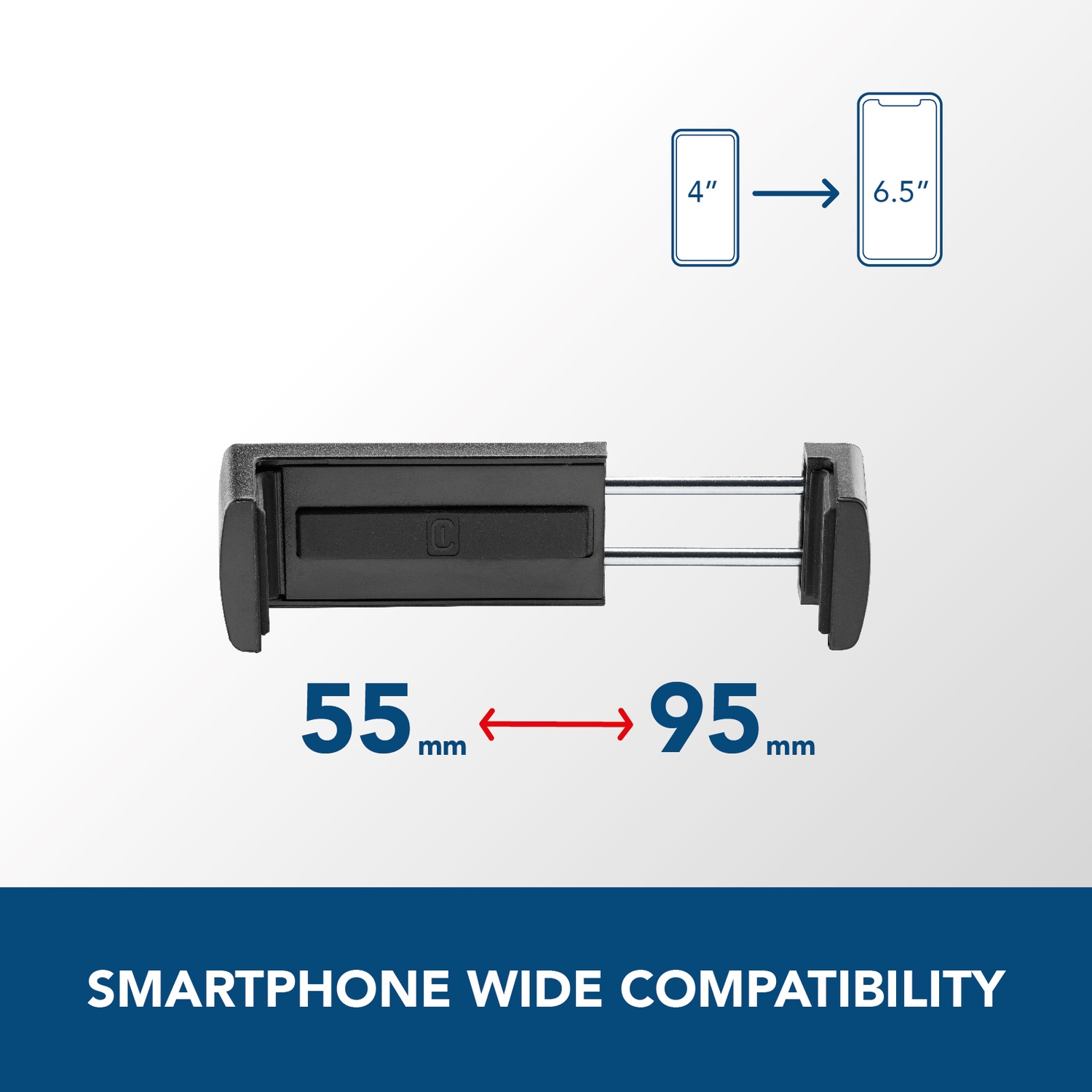 Supporto smartphone: 55-95mm larghezza, compatibile con dispositivi da 4-6.5 pollici.