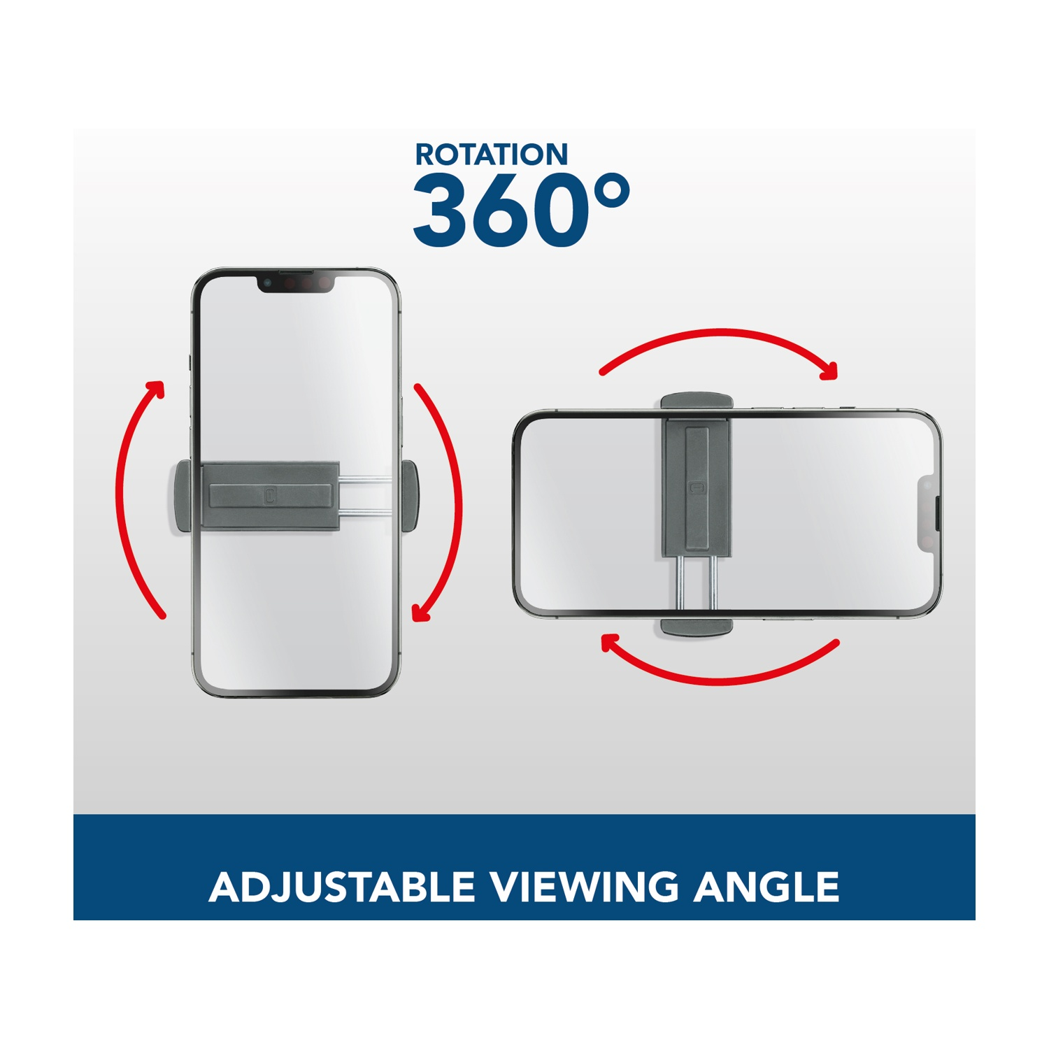 Supporto per smartphone che mostra rotazione 360° e angolo di visione regolabile.