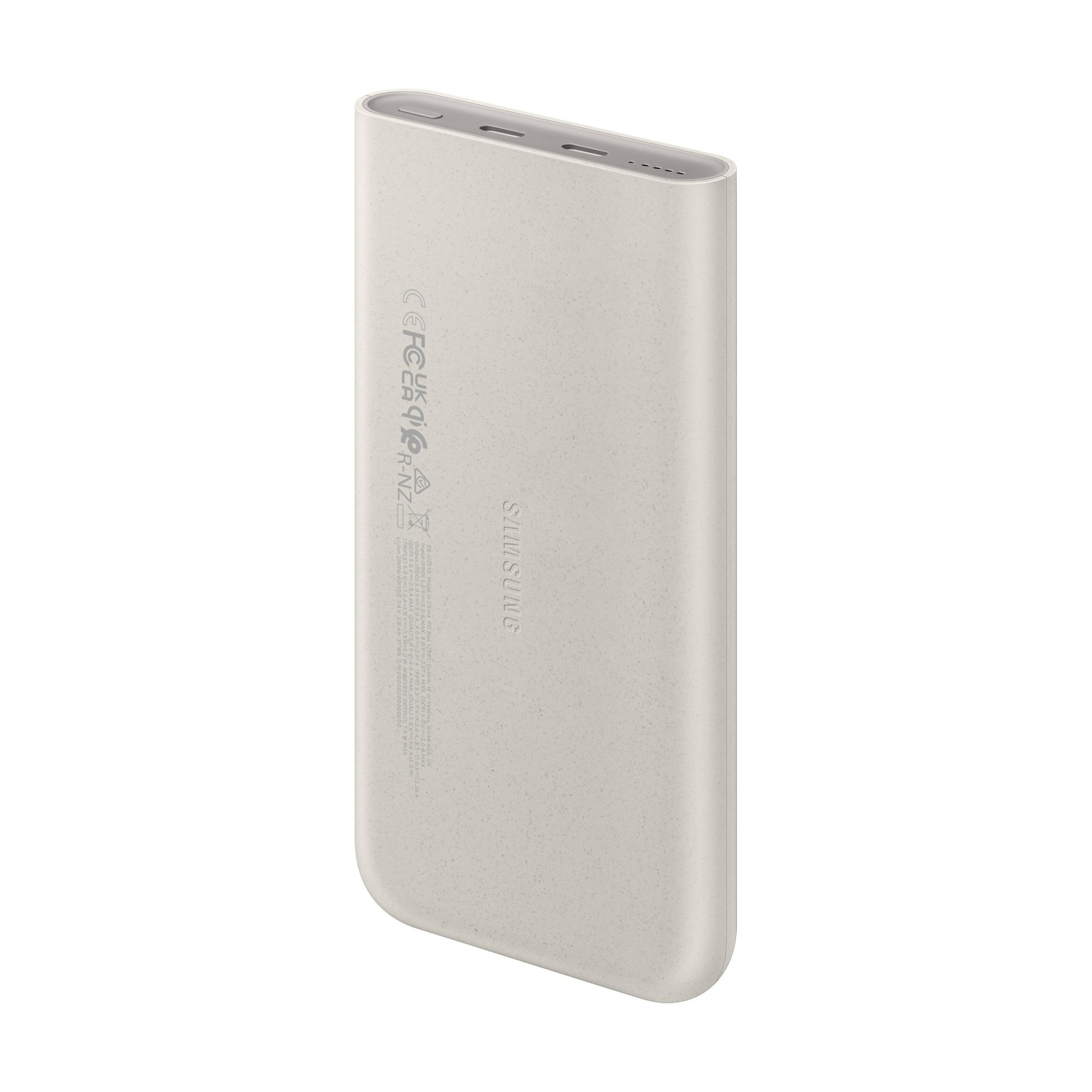 Un power bank Samsung grigio chiaro con LED indicatori di carica e porte.