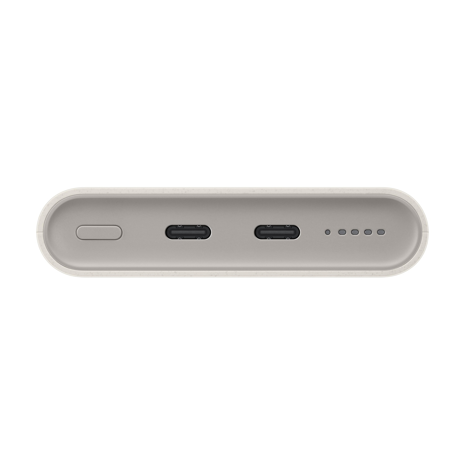 Un power bank grigio con due porte USB-C e quattro spie.