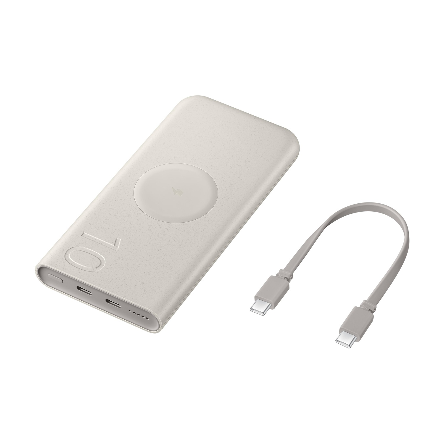 Un power bank beige con "10" e porte di ricarica accanto.