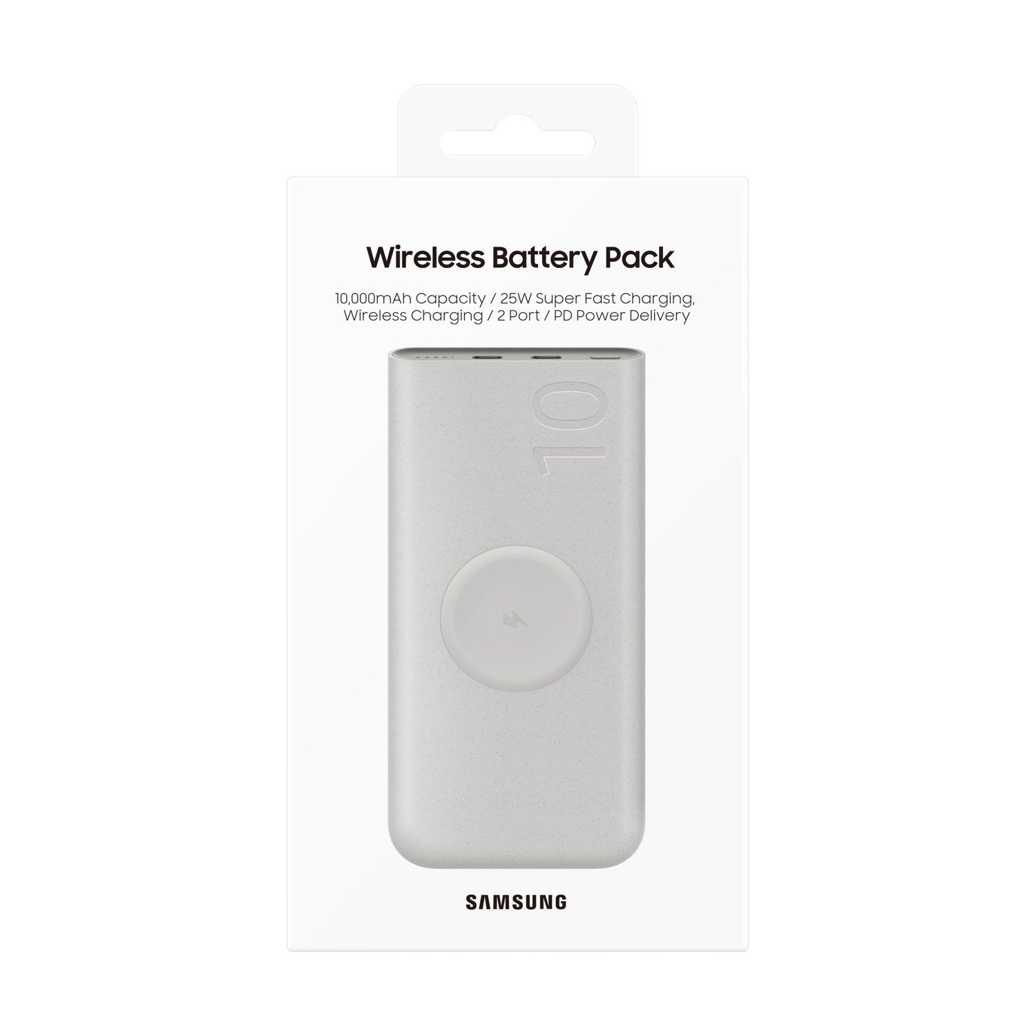 Confezione di un Samsung Wireless Battery Pack bianco da 10.000 mAh.