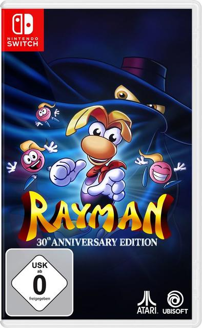 Rayman 30th Anniversary Edition Cover mit Rayman und kleinen Wesen vor dunklem Hintergrund.
