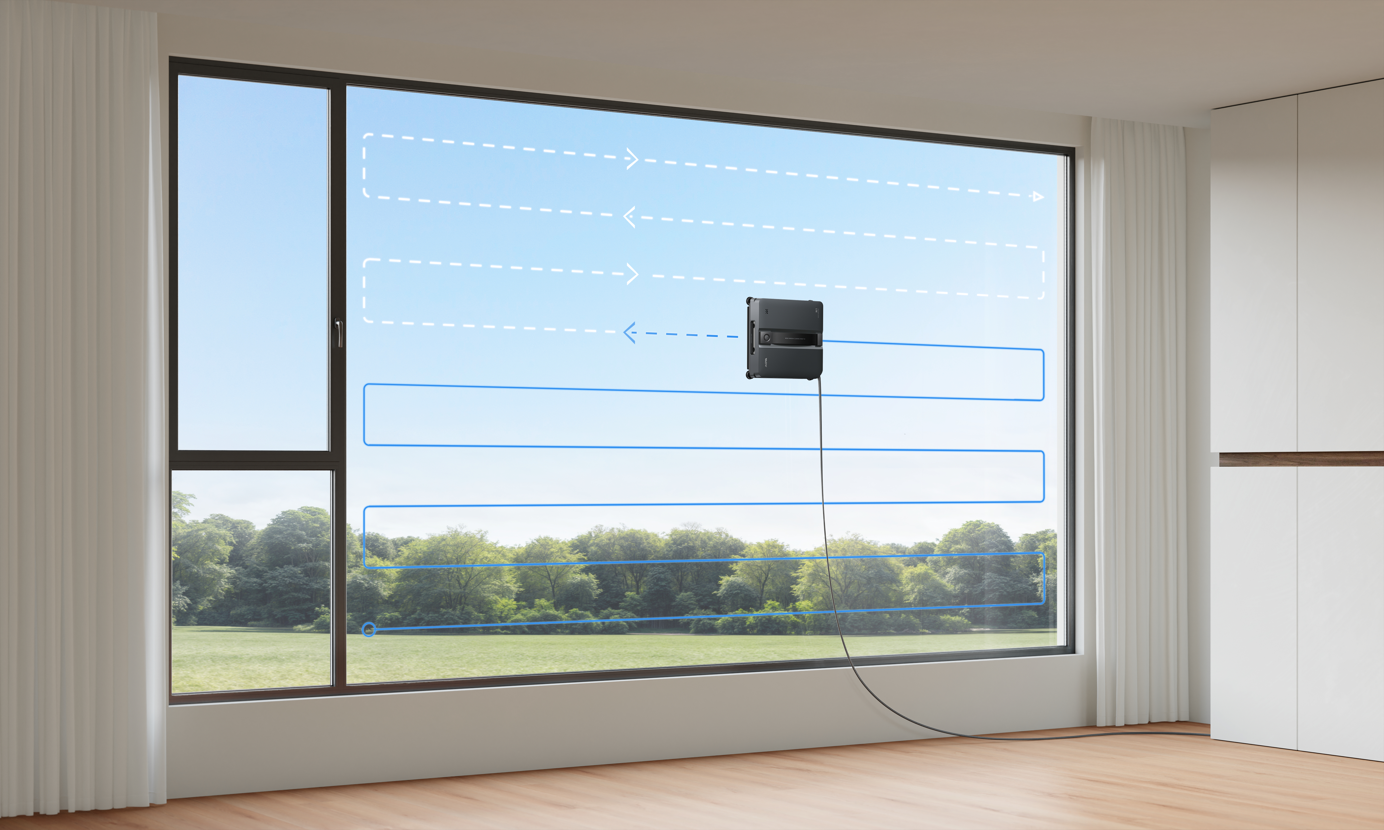 Ein schwarzer Fensterreinigungsroboter bewegt sich auf einem Fenster mit einer blauen Reinigungspfad-Simulation.