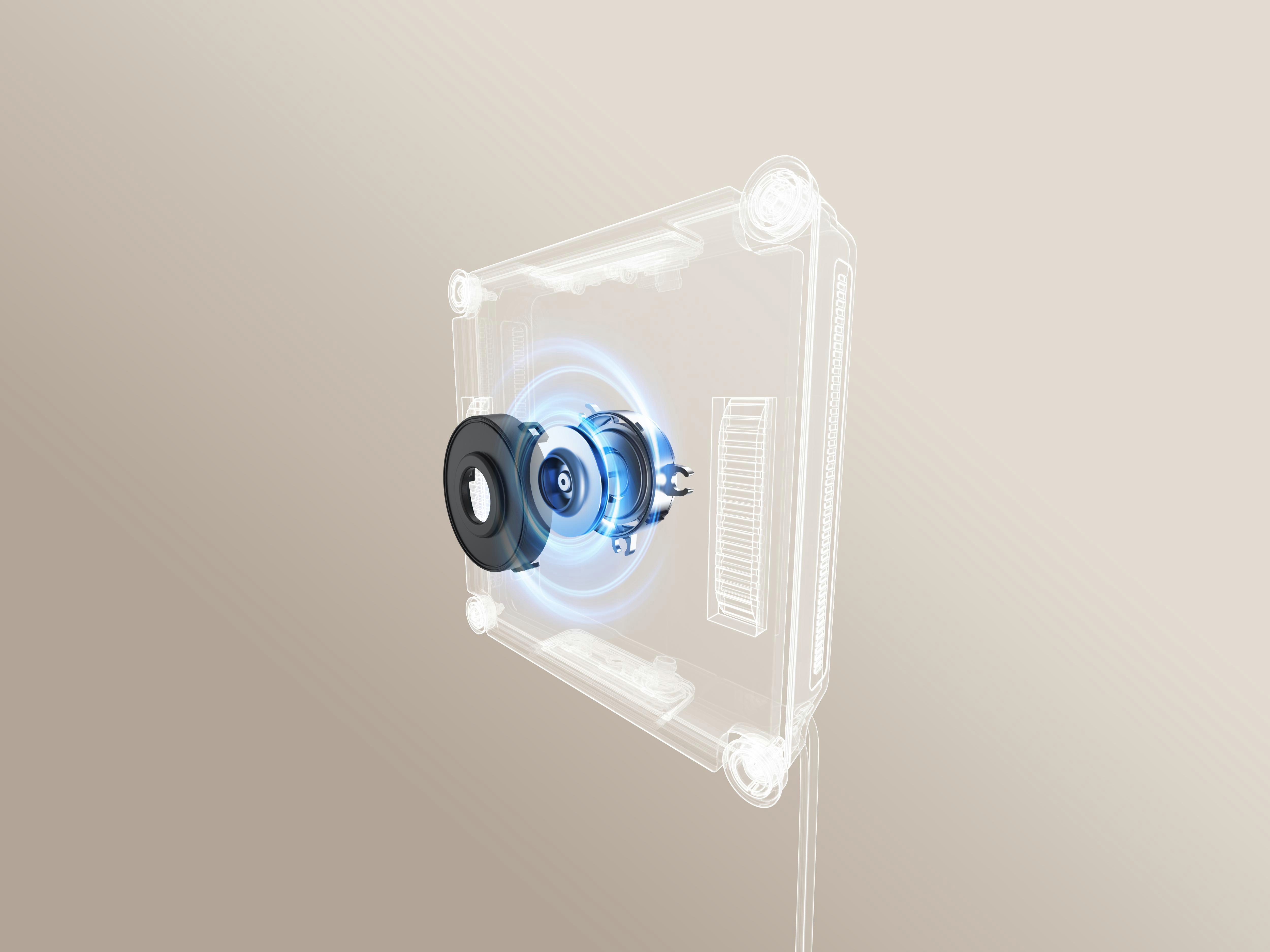 Drahtmodell eines Geräts mit blau leuchtenden Ringen um eine Turbine.