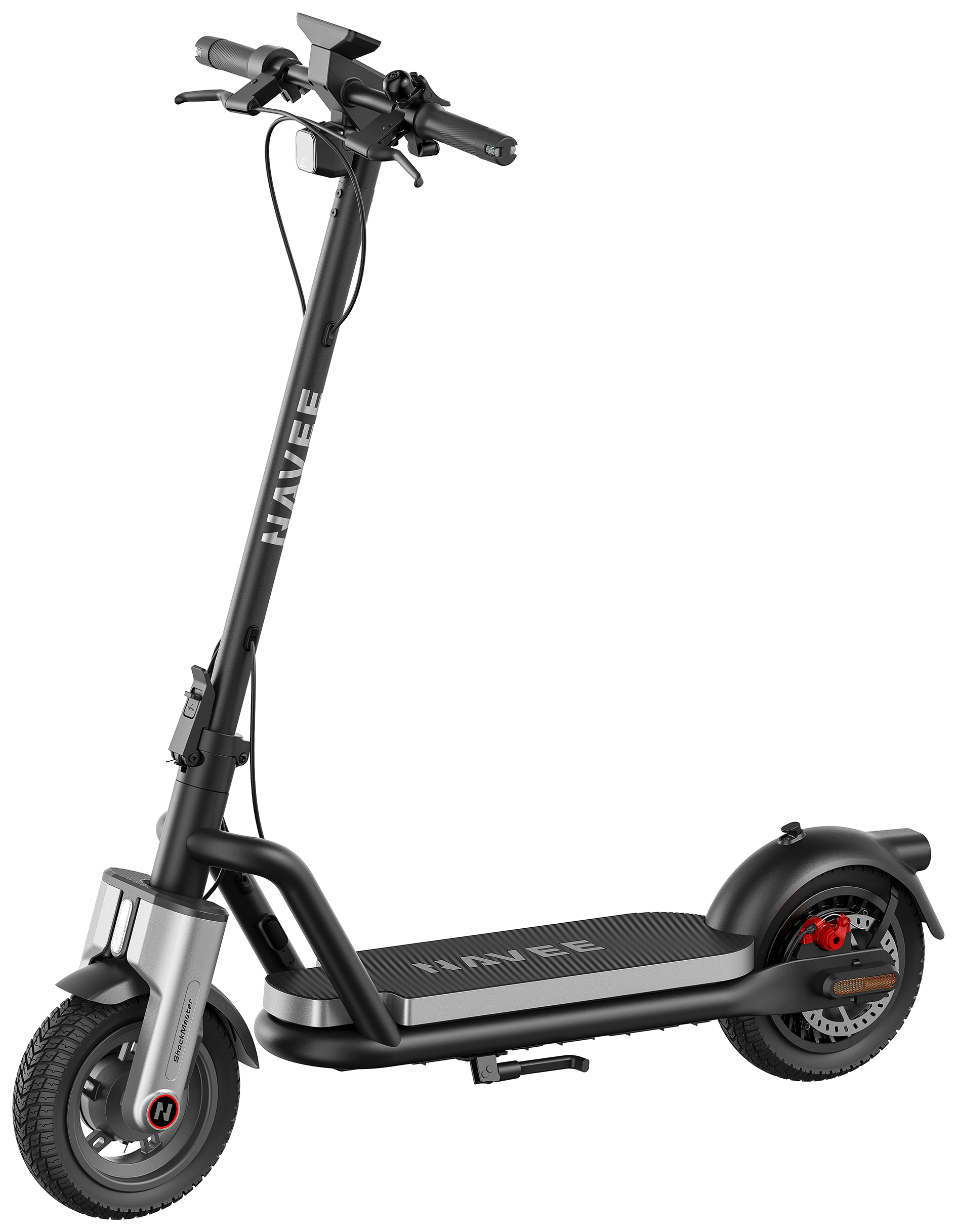Fekete elektromos roller ezüst díszítéssel, agymotorral és felfüggesztéssel.