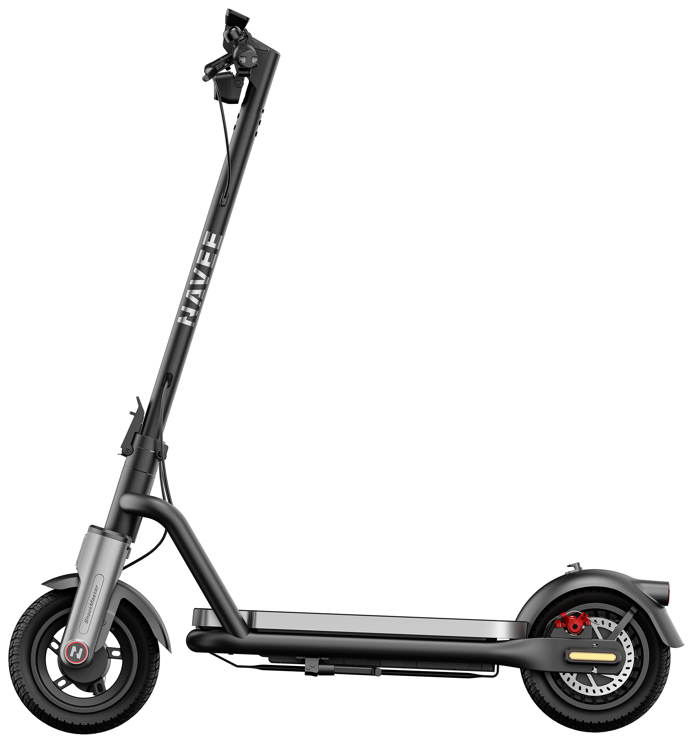 Egy fekete elektromos roller ezüst díszítéssel és NAVEE logóval.
