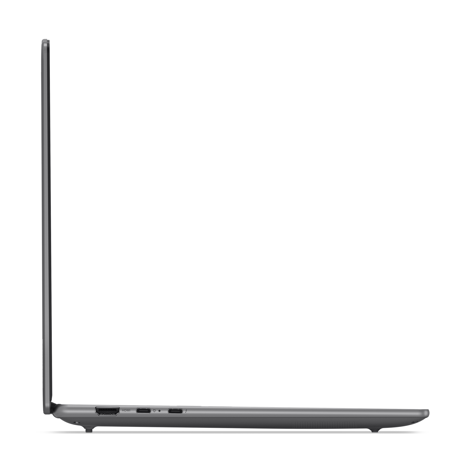 HDMI ve USB-C bağlantı noktalarını gösteren kapalı gri dizüstü bilgisayarın yan görünümü.