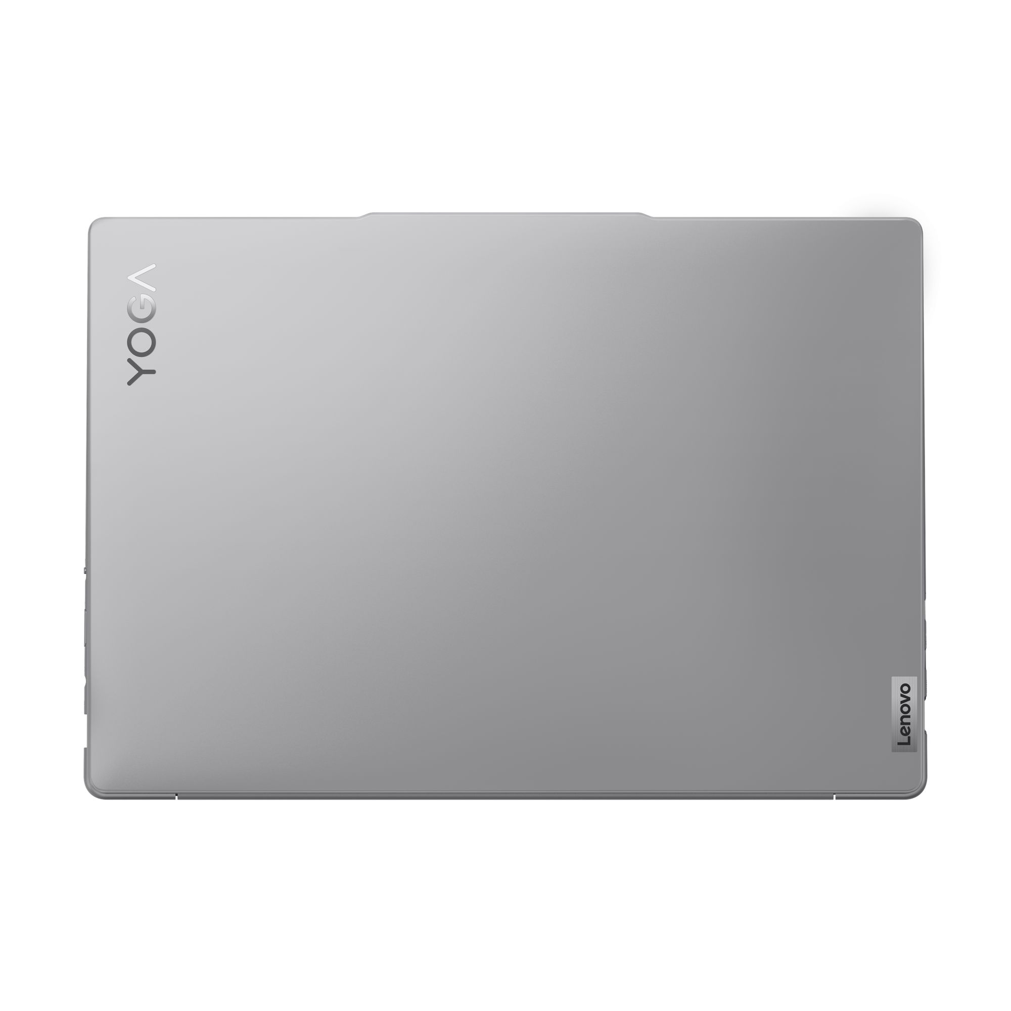 Kapalı, gümüş renkli dizüstü bilgisayar "YOGA" ve "Lenovo" logolu.