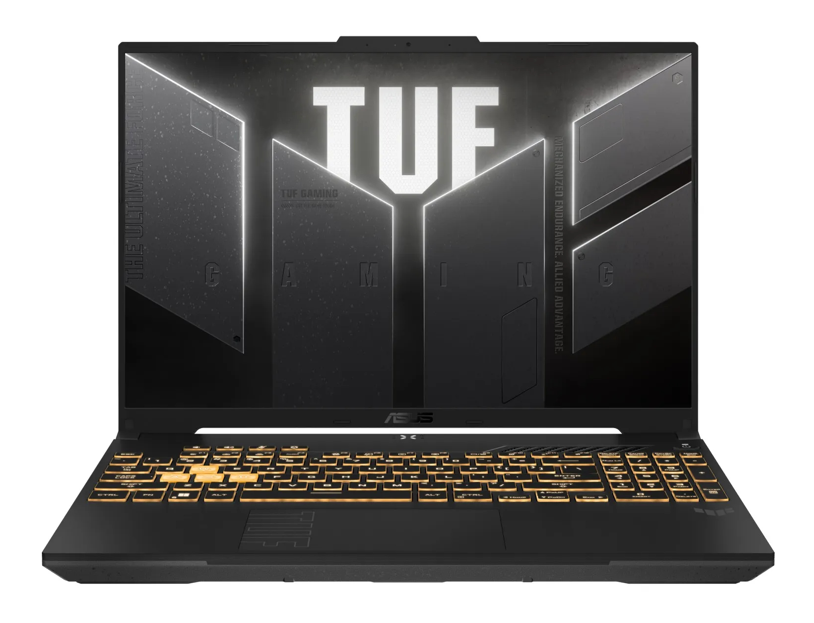 Czarny laptop z podświetlaną klawiaturą i logo "TUF" na ekranie.