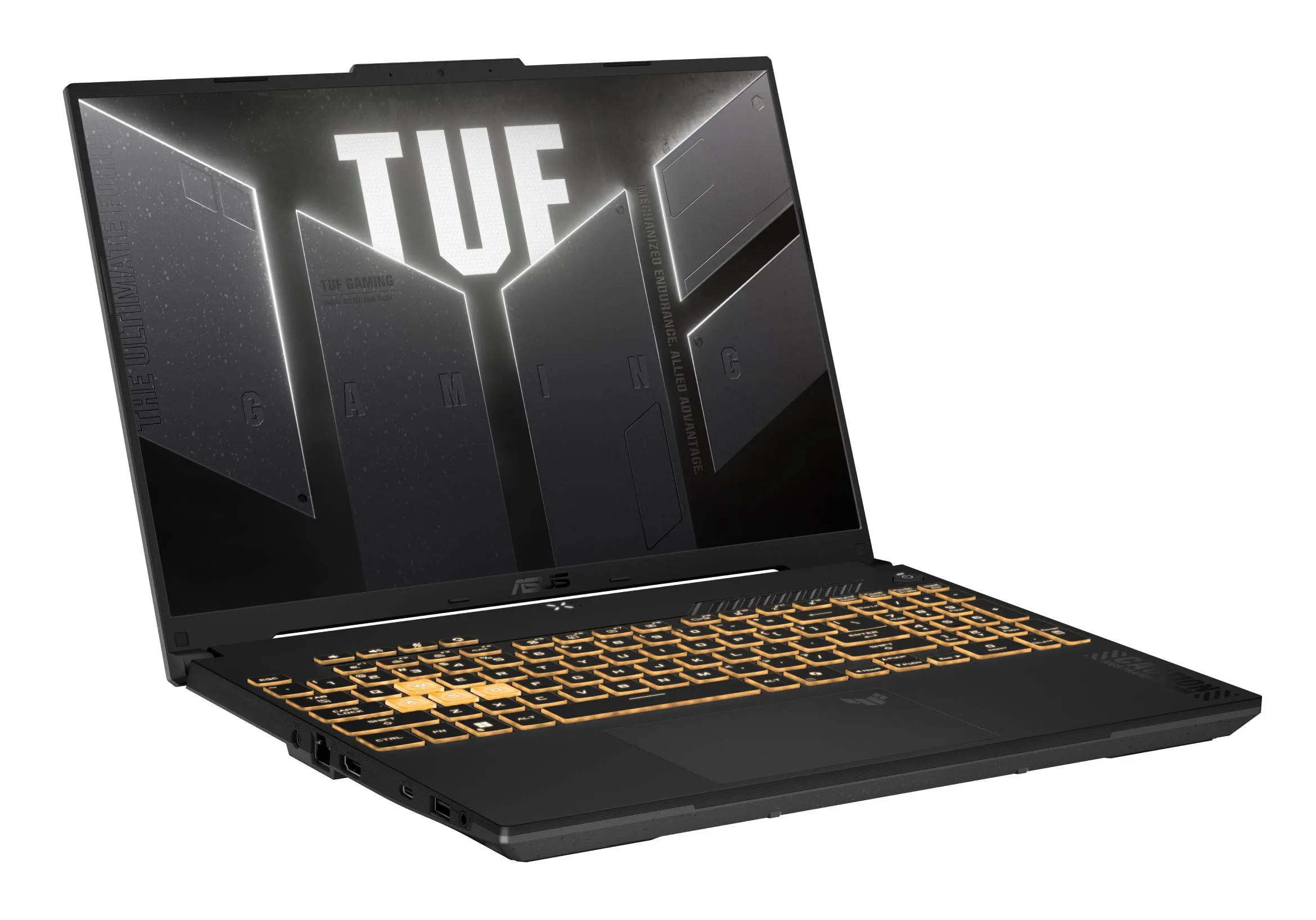 Czarny laptop z podświetlaną klawiaturą i logo "TUF" na ekranie.