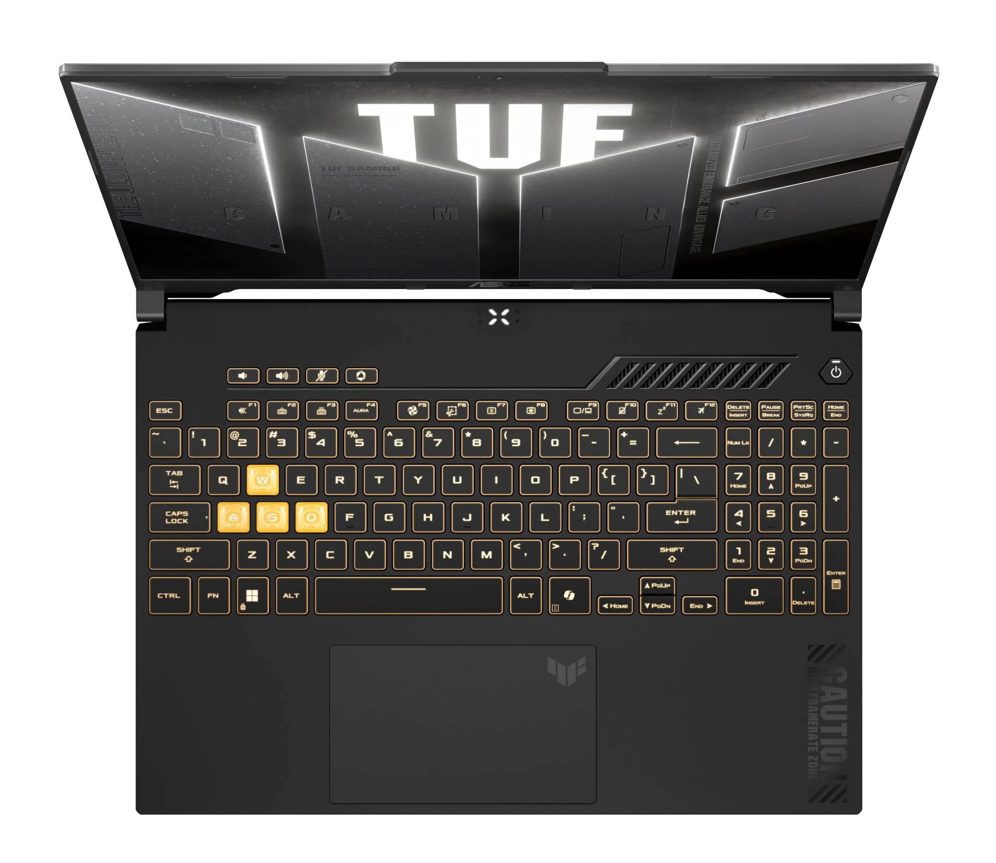 Czarny laptop z podświetlaną klawiaturą i logo TUF na ekranie.