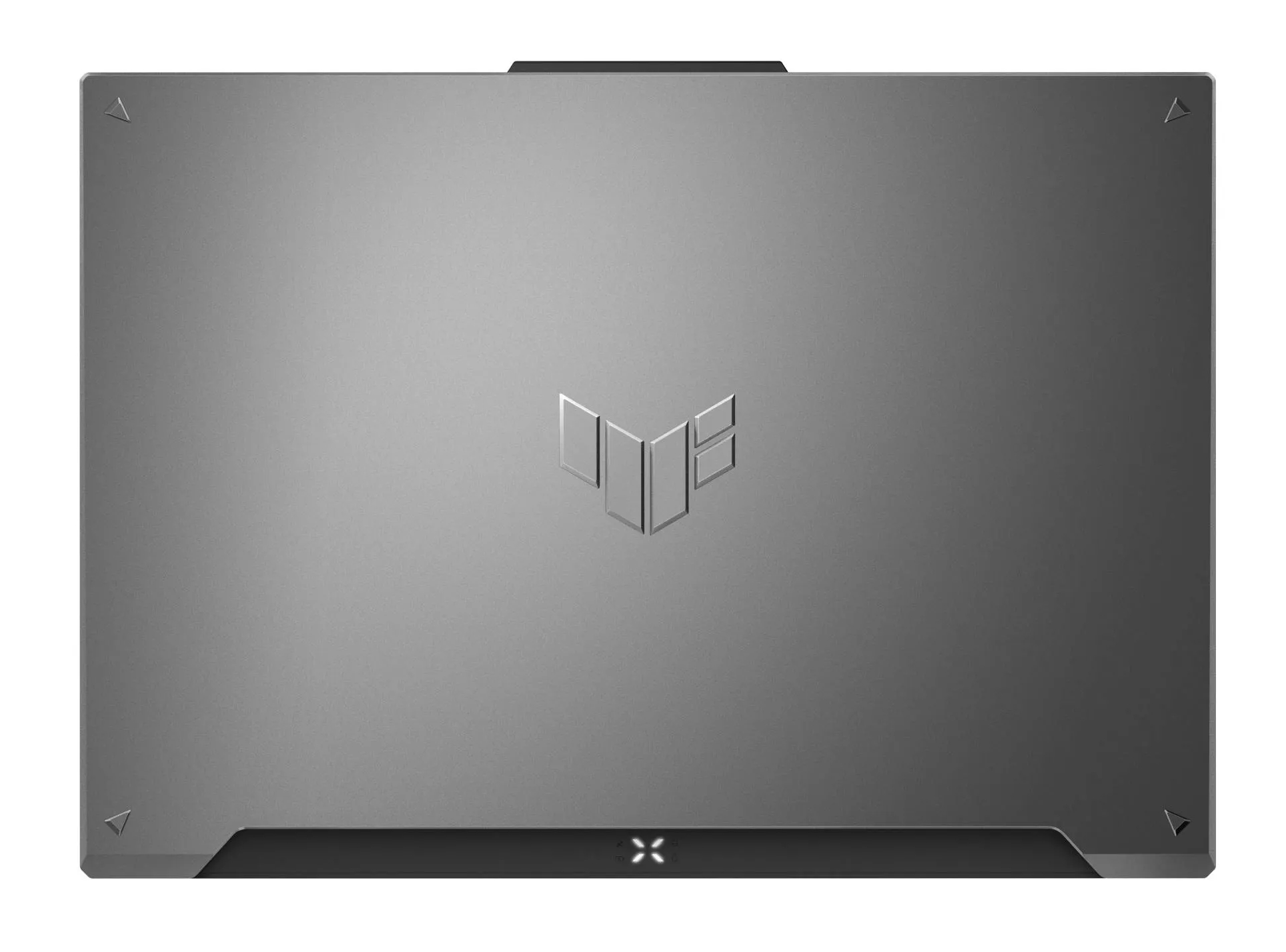 Zamknięty szary laptop z logo i symbolem "X".