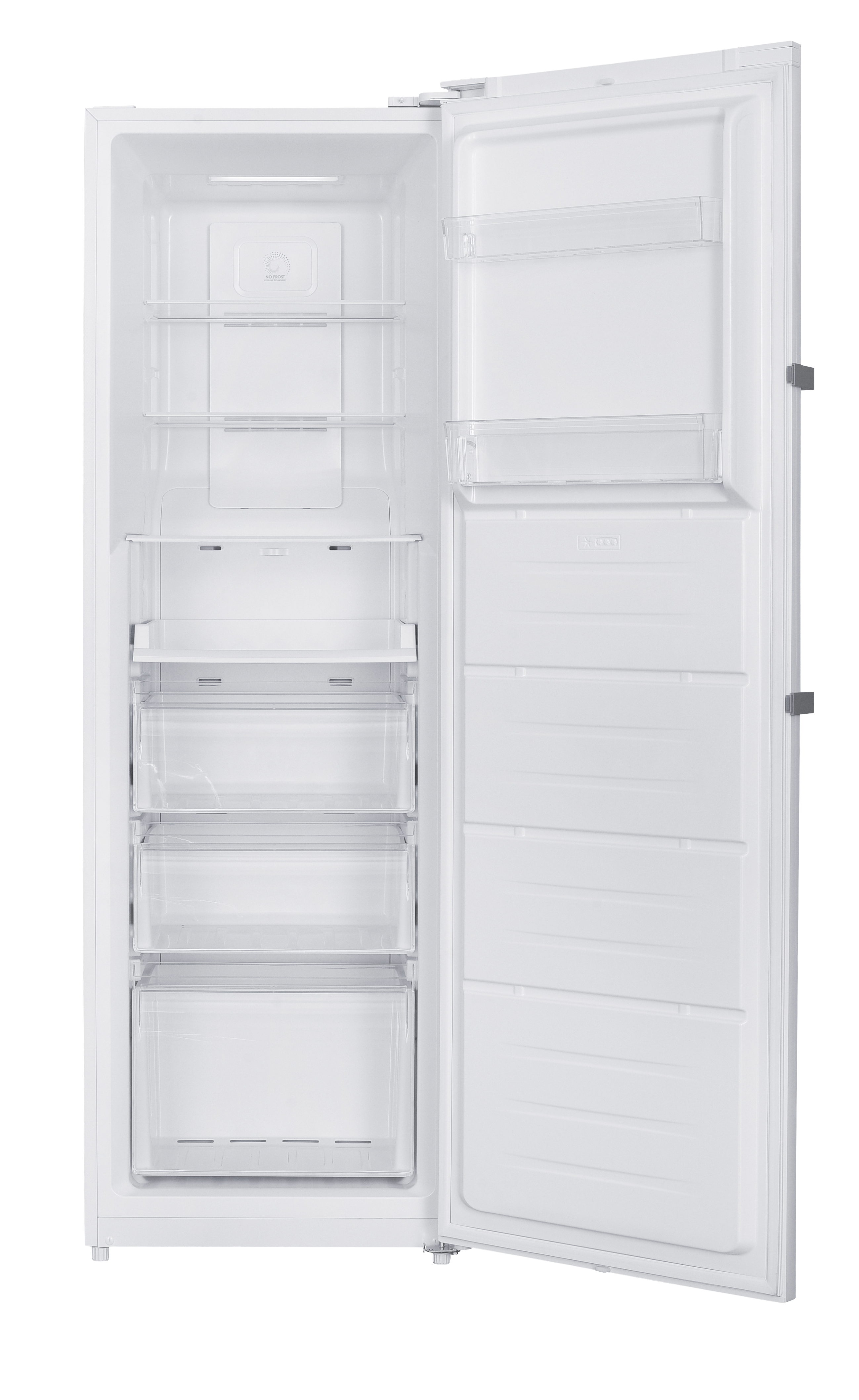 Ein leerer weißer Kühlschrank mit offener Tür und mehreren Regalen und Schubladen.