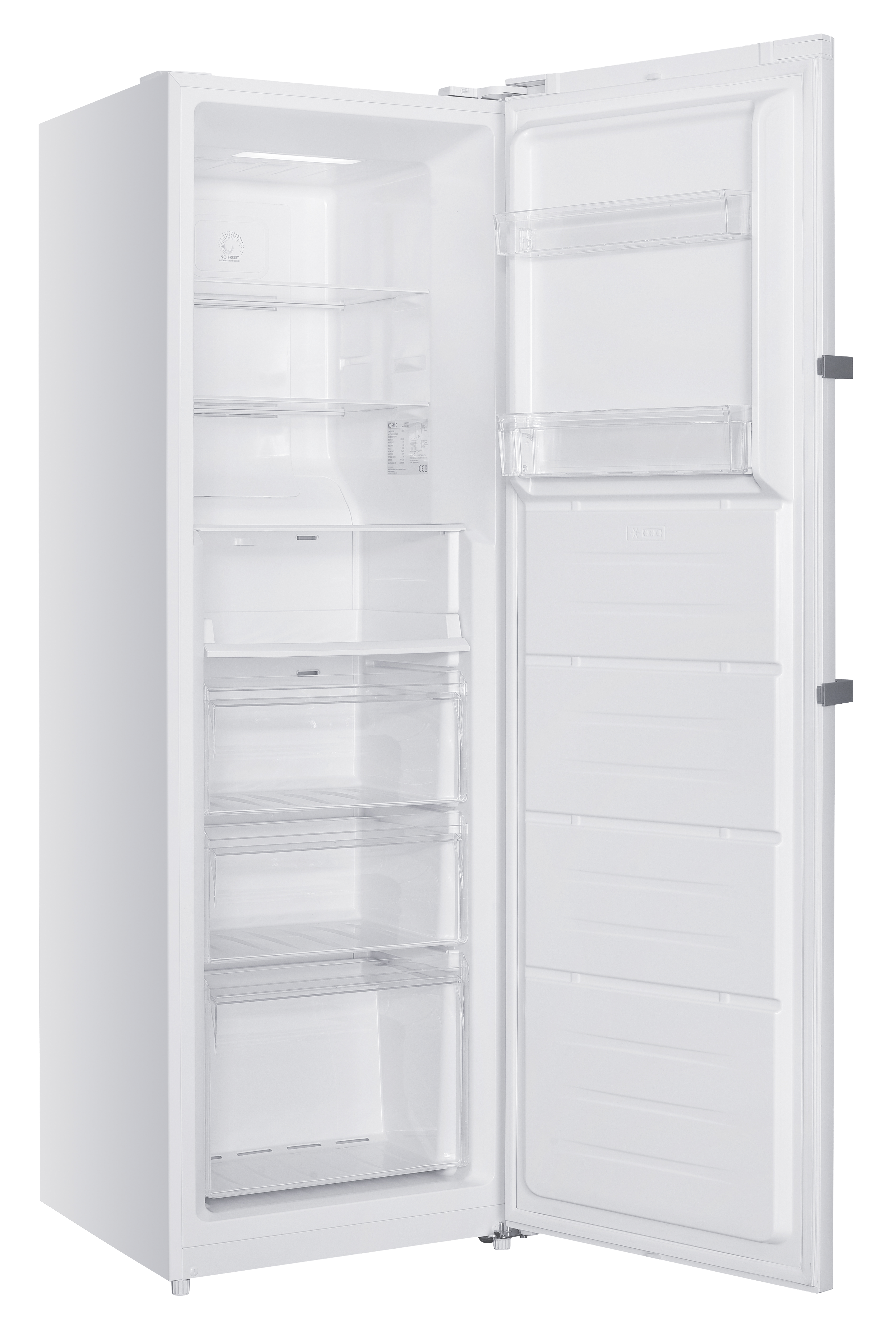 Ein weißer Kühlschrank mit geöffneter Tür und vielen Regalen und Schubladen.