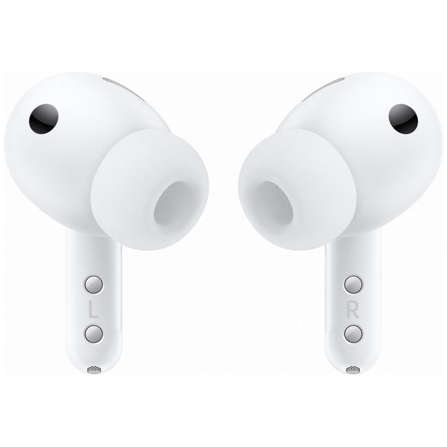 Two white wireless earbuds with black accents, marked left and right.