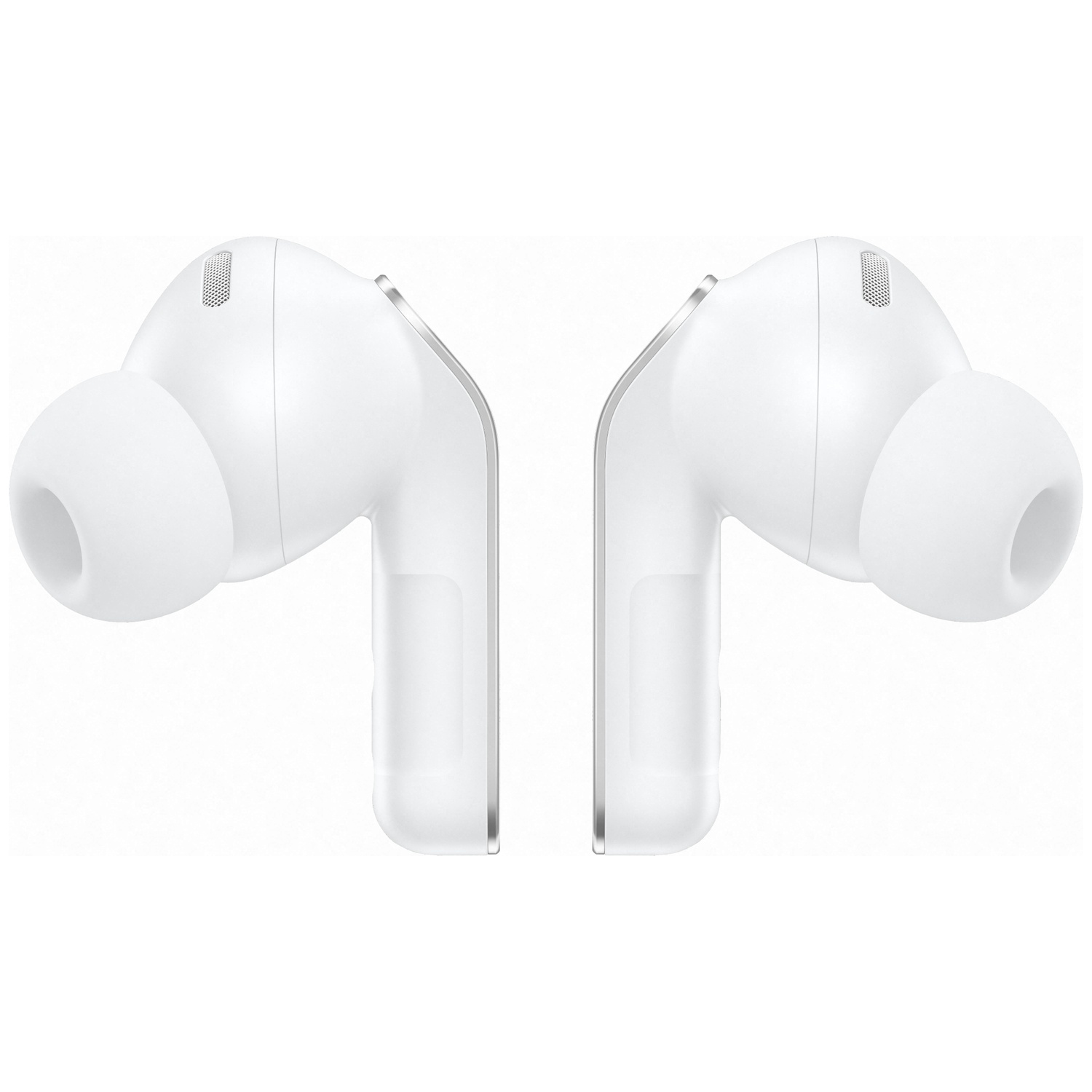 Two white wireless earbuds with silver accents, side by side on a white background.