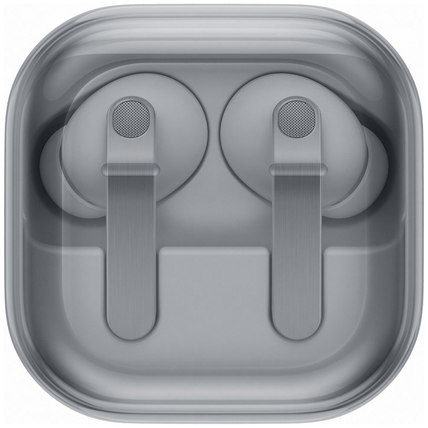 Gray wireless earbuds in a transparent charging case.