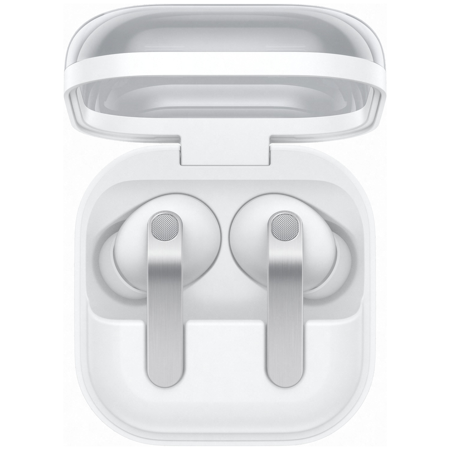White wireless earbuds with metal accents in an open charging case.