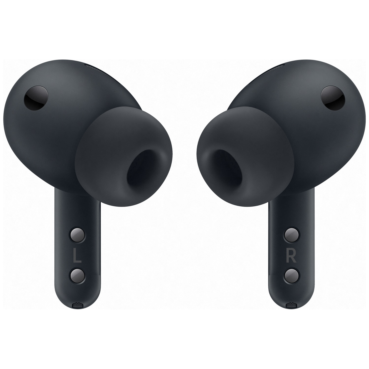 Two dark wireless earbuds with stems, marked L and R.