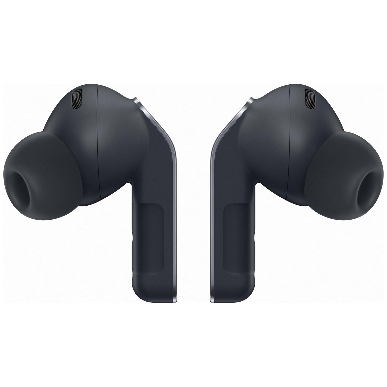 Two dark wireless earbuds with silicone tips, side by side on a white background.