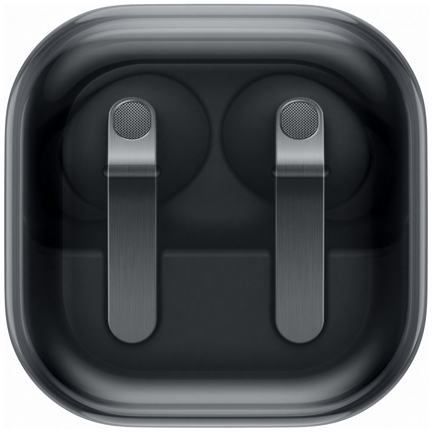Wireless earbuds in a dark charging case.