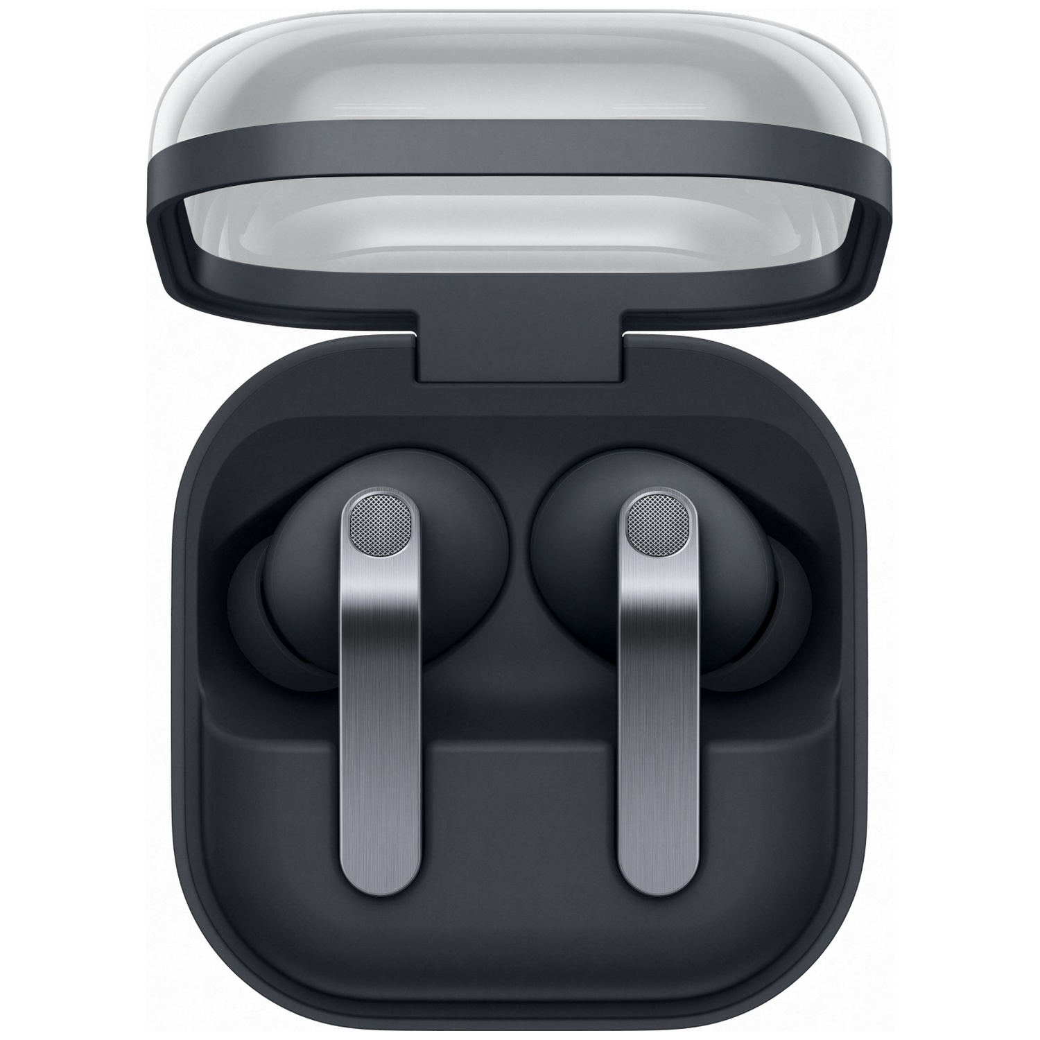 Black wireless earbuds with silver accents in an open charging case.