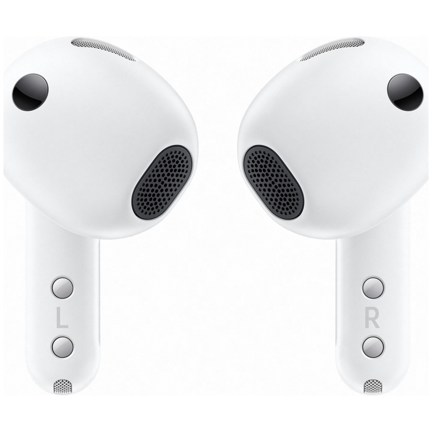 Two white wireless earbuds with black grilles and L/R markings.